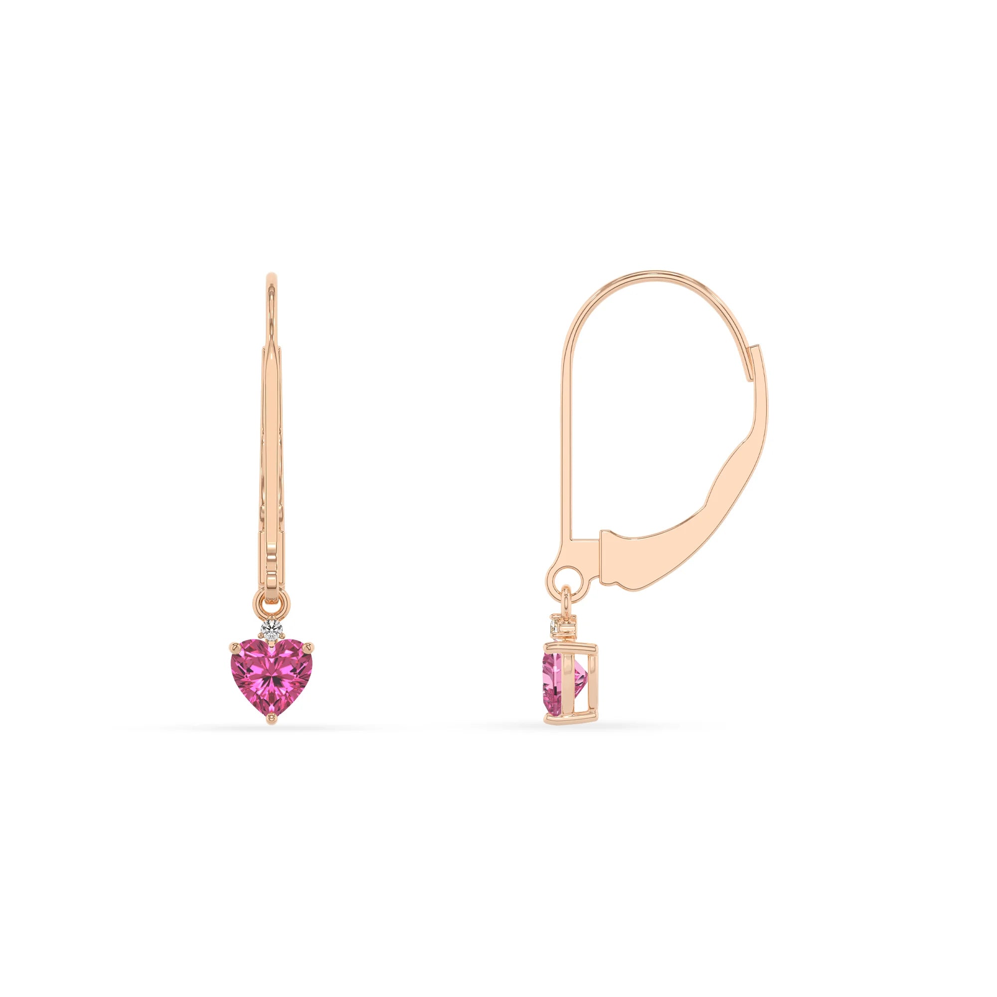 lab grown pink sapphire heart drop earrings in rose gold