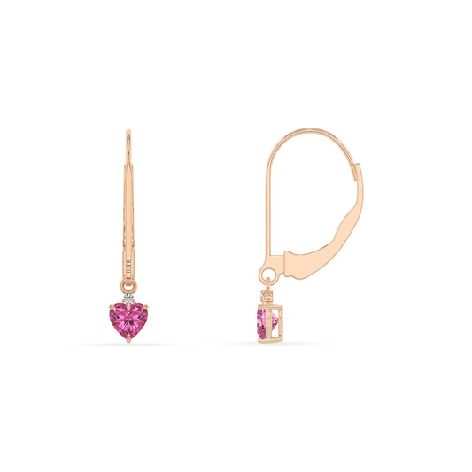 lab grown pink sapphire heart drop earrings in rose gold