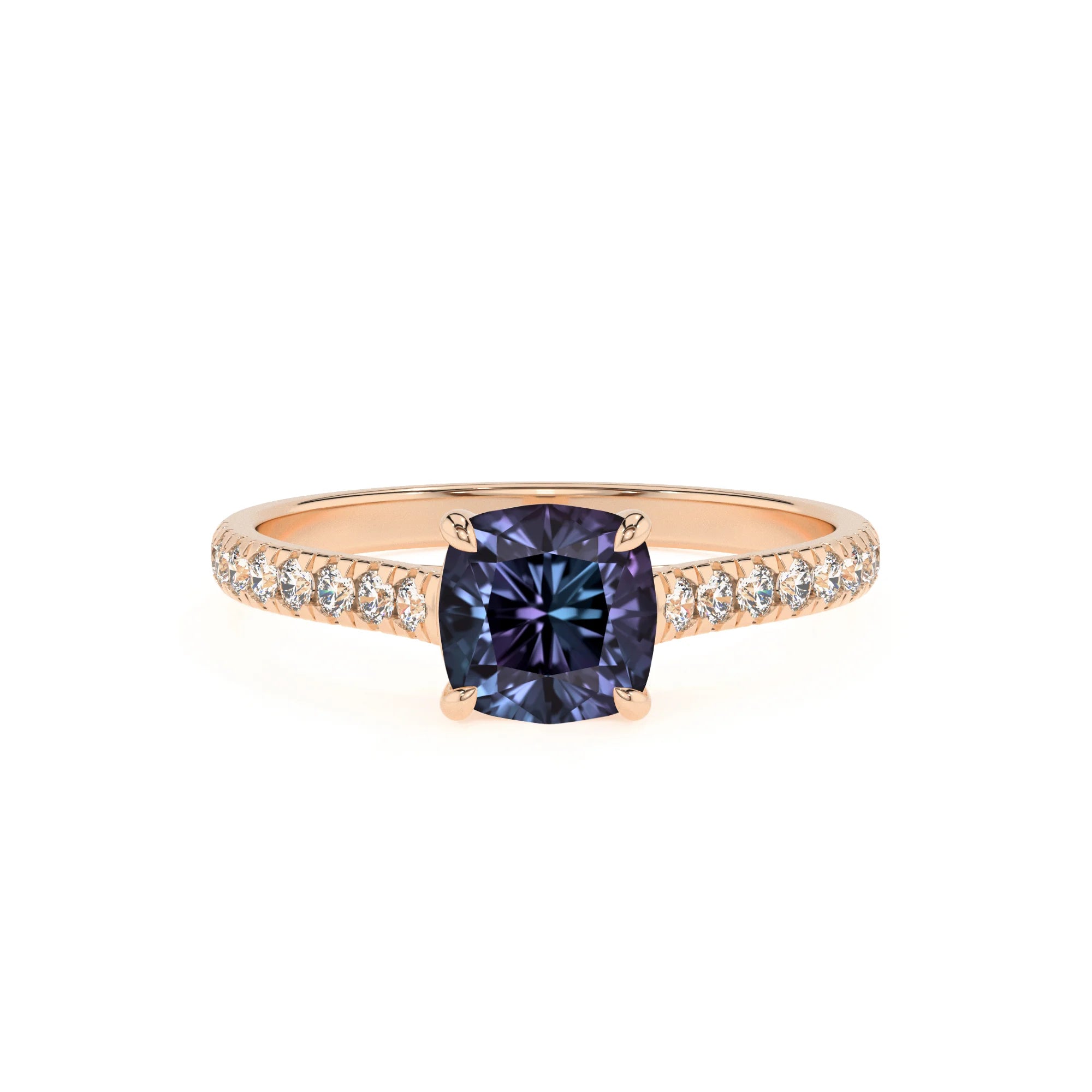 lab grown alexandrite cushion half eternity solitaire engagement rings in rose gold