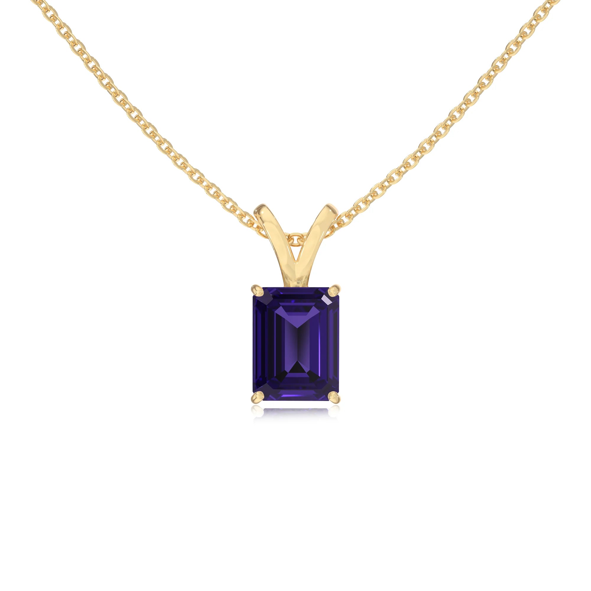 lab grown tanzanite emerald cut solitaire v-bale necklaces in yellow gold