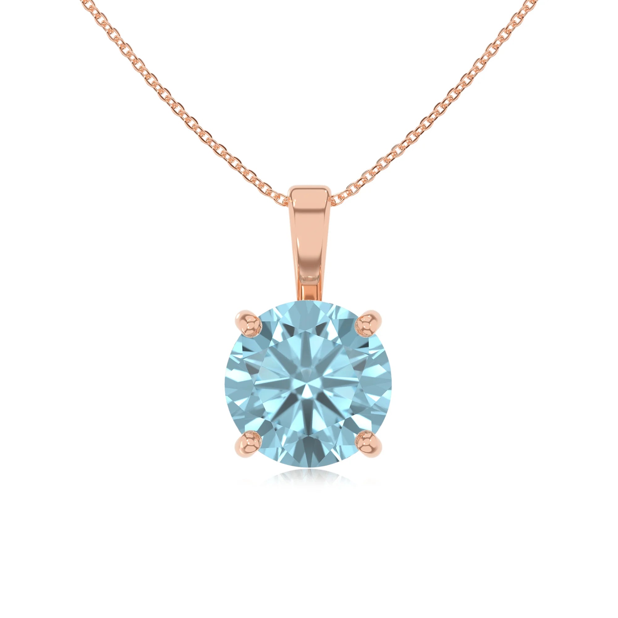 lab grown aquamarine round solitaire necklaces in rose gold