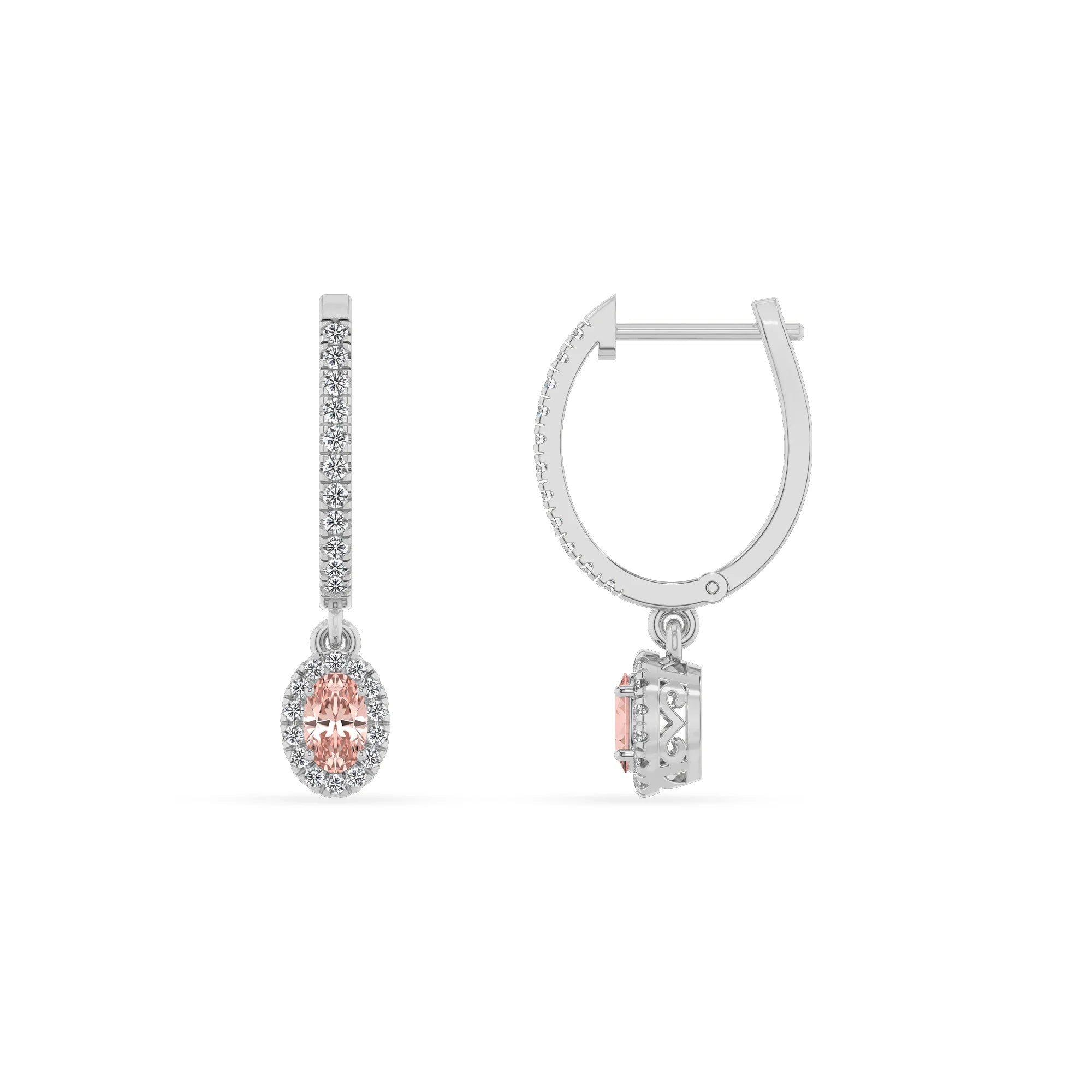 lab grown morganite oval drop earrings in white gold