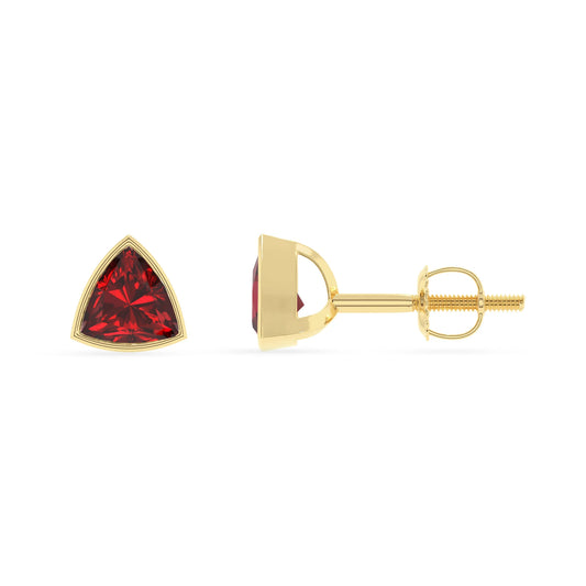 lab grown ruby trillion stud earrings in yellow gold