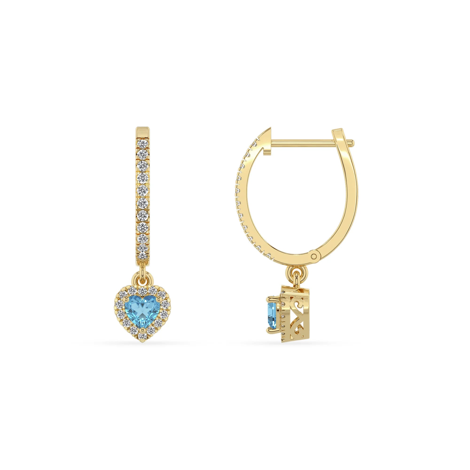 natural swiss blue topaz heart drop earrings in yellow gold