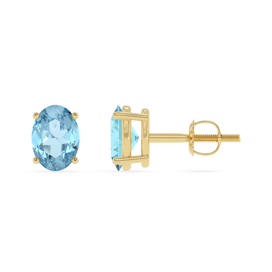 lab grown aquamarine oval stud earrings in yellow gold