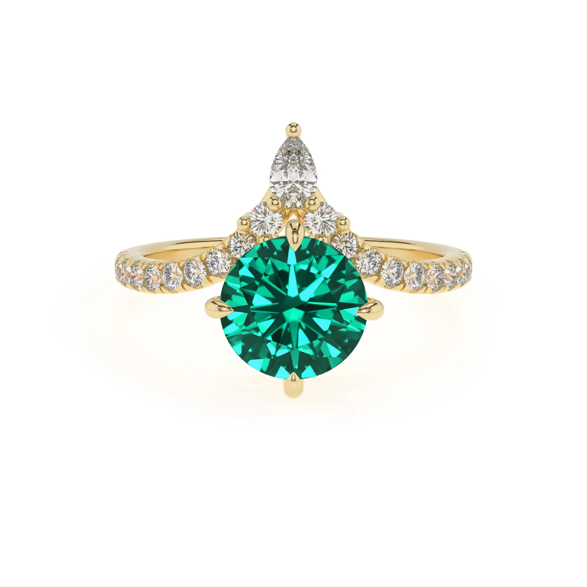 lab grown emerald round solitaire rings in yellow gold