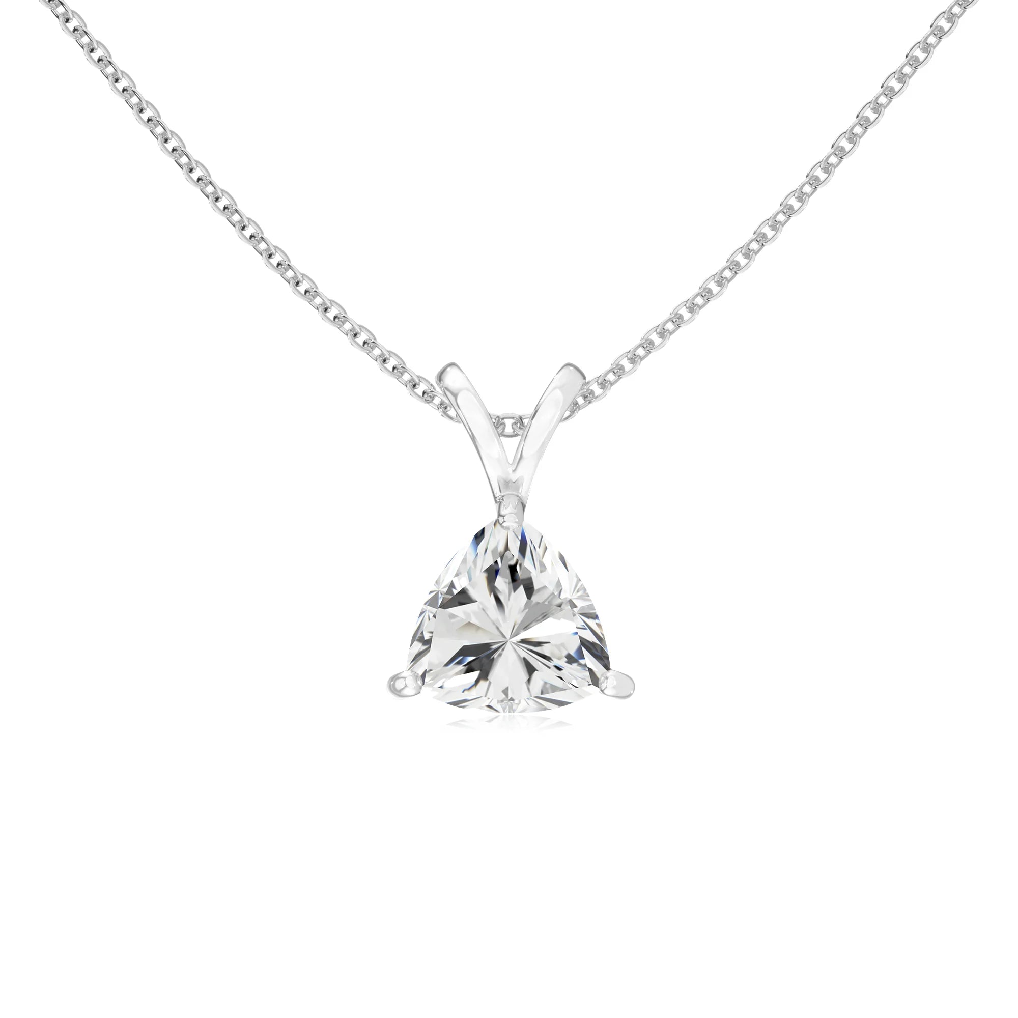lab grown moissanite trillion solitaire v-bale necklaces in sterling silver