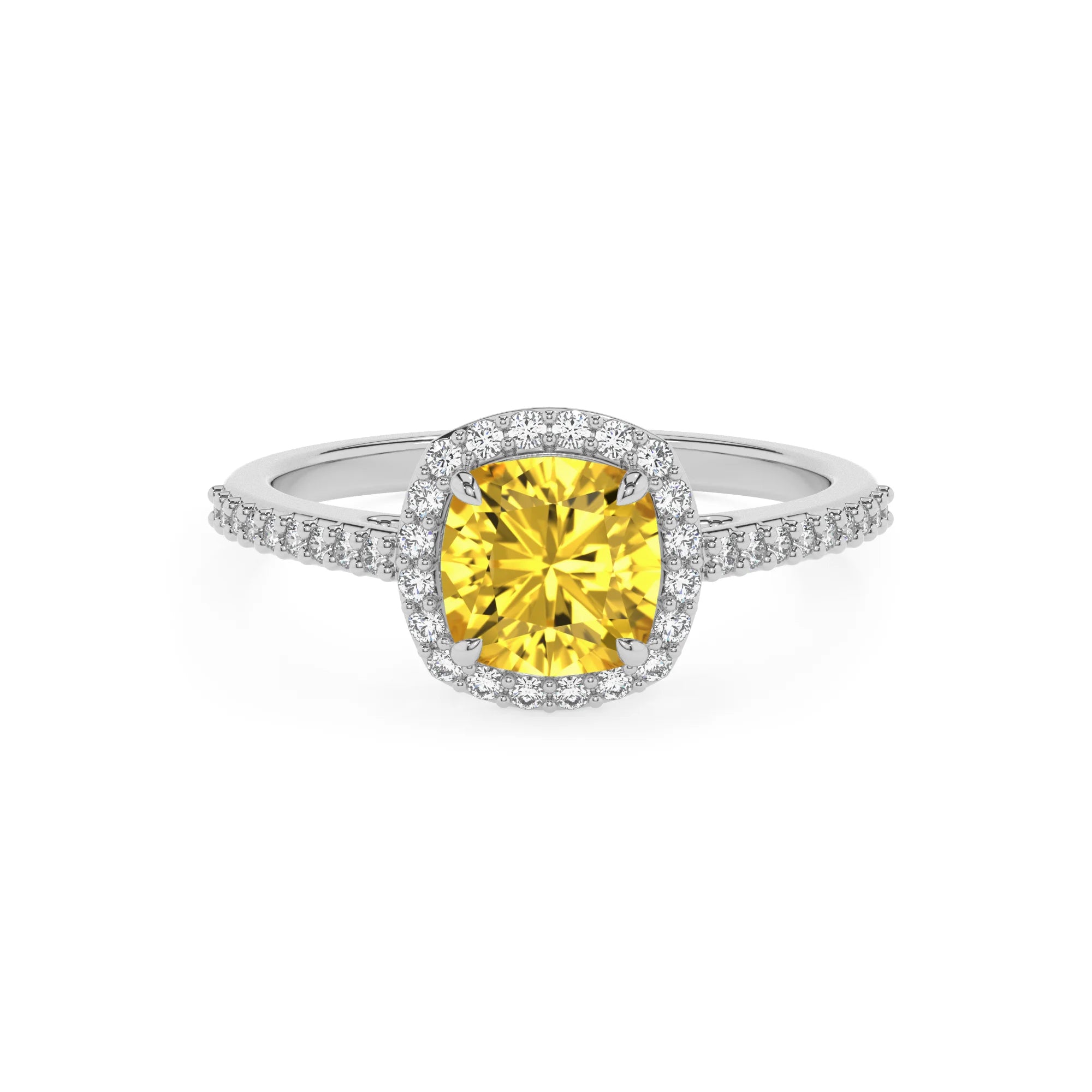 lab grown yellow-sapphire cushion solitaire rings in platinum