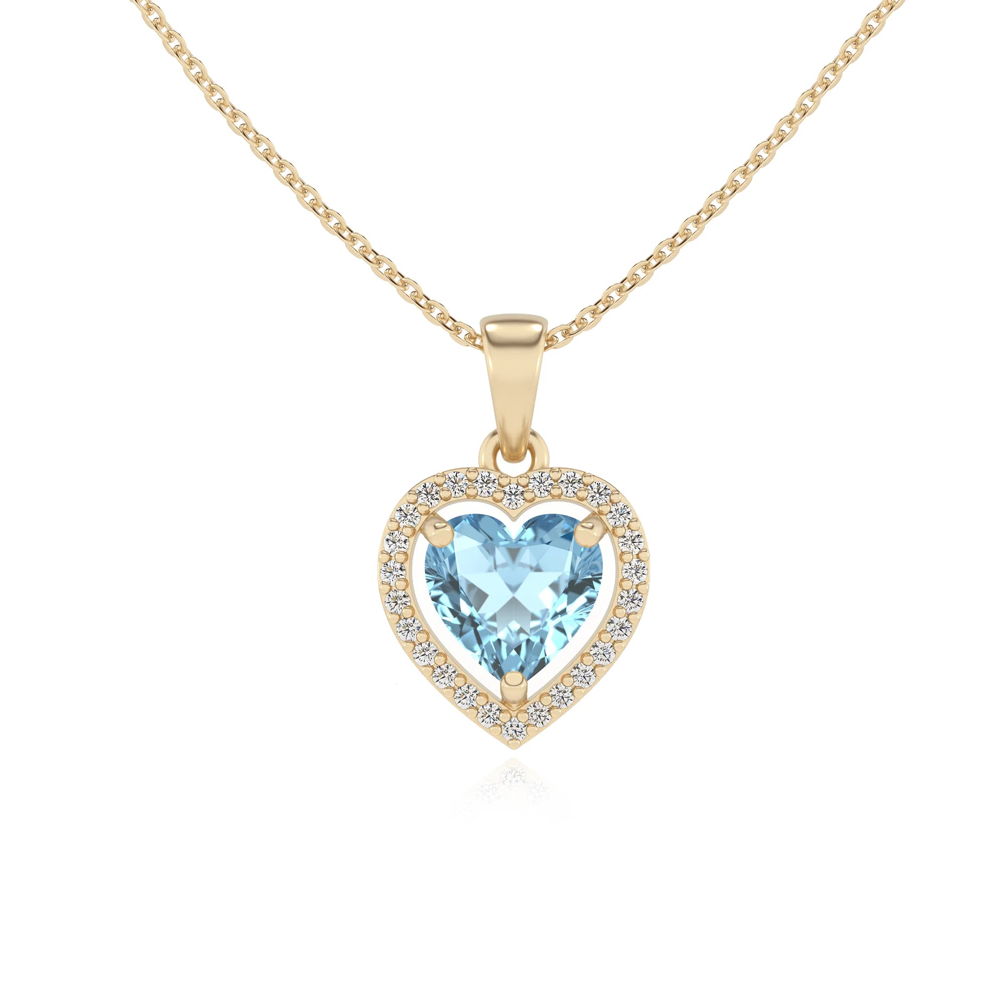 lab grown aquamarine heart solitaire necklaces in yellow gold