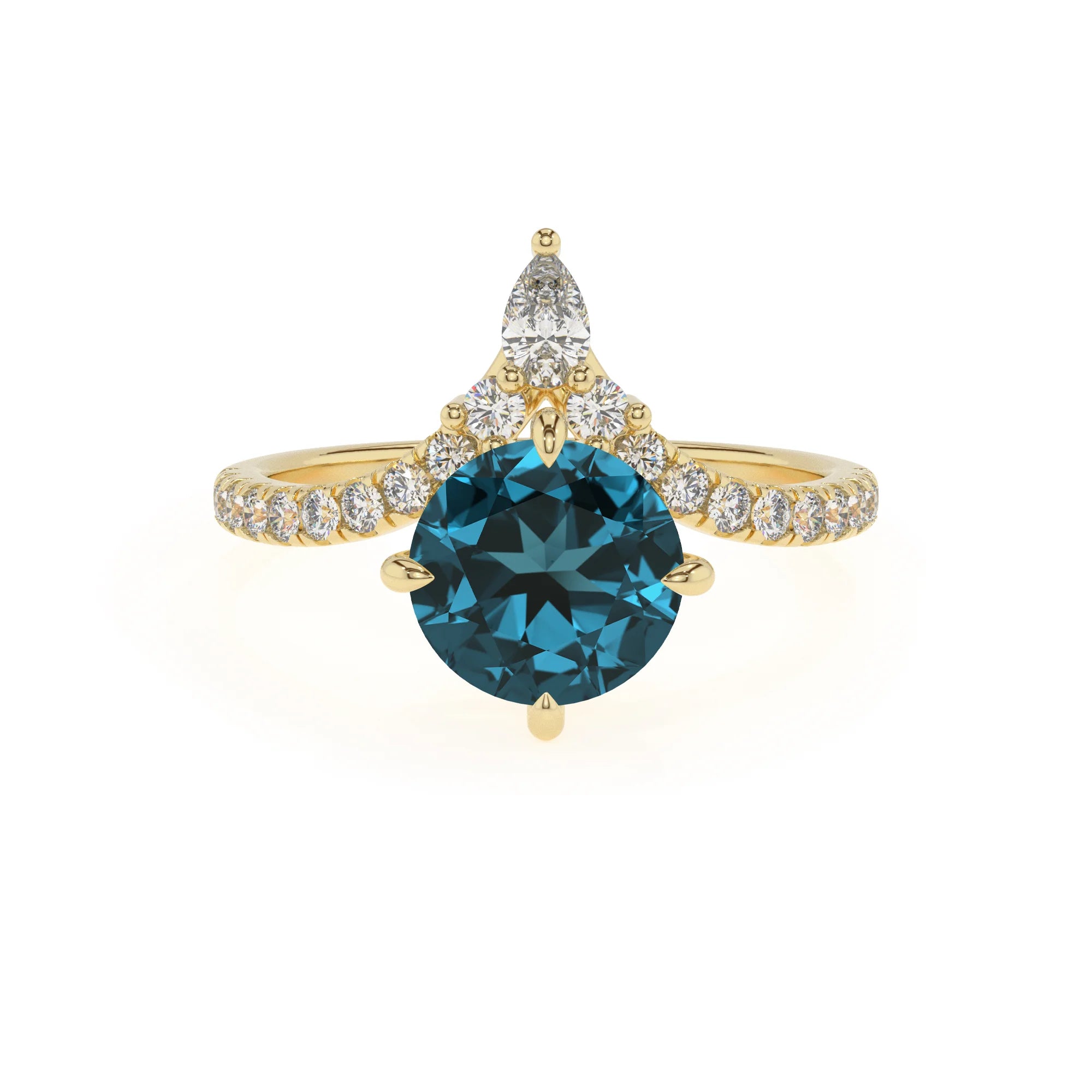 natural london-blue-topaz round solitaire rings in yellow gold
