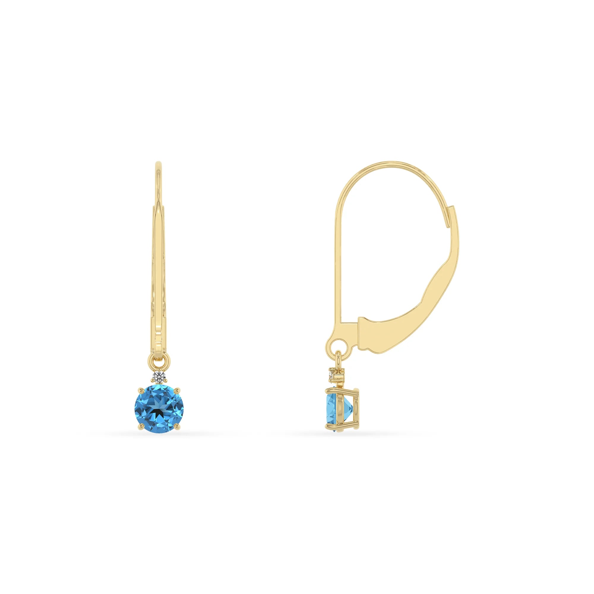 natural swiss blue topaz round drop earrings in yellow gold