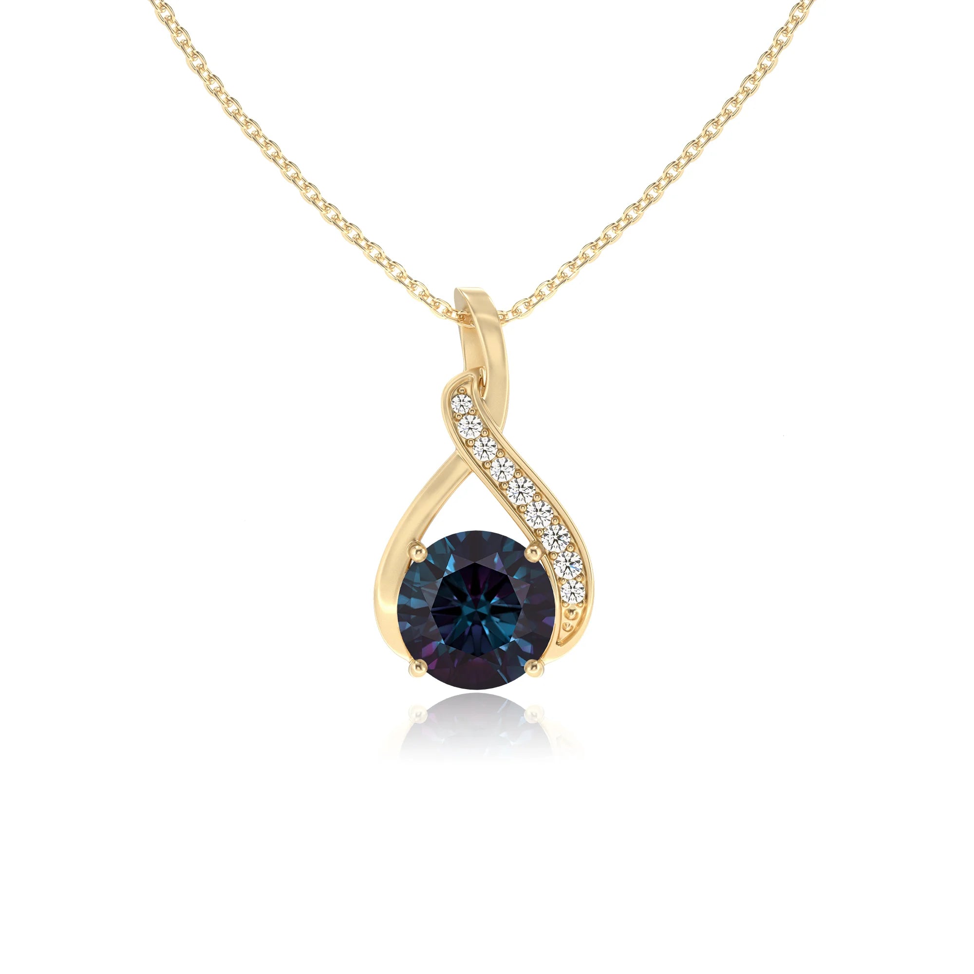 lab grown alexandrite round solitaire necklaces in yellow gold