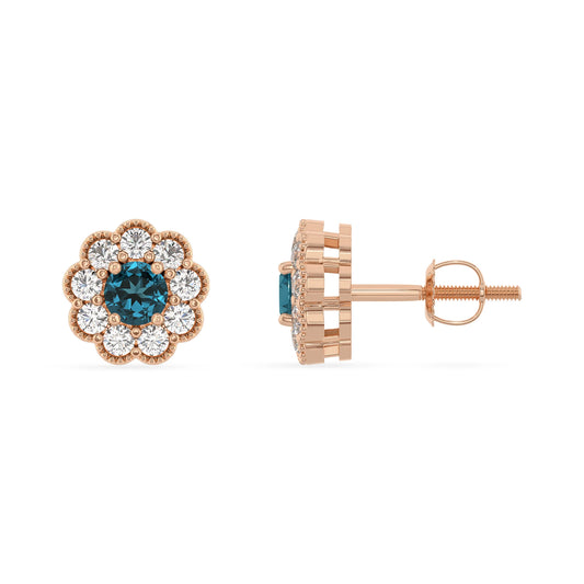 natural london blue topaz round stud earrings in rose gold
