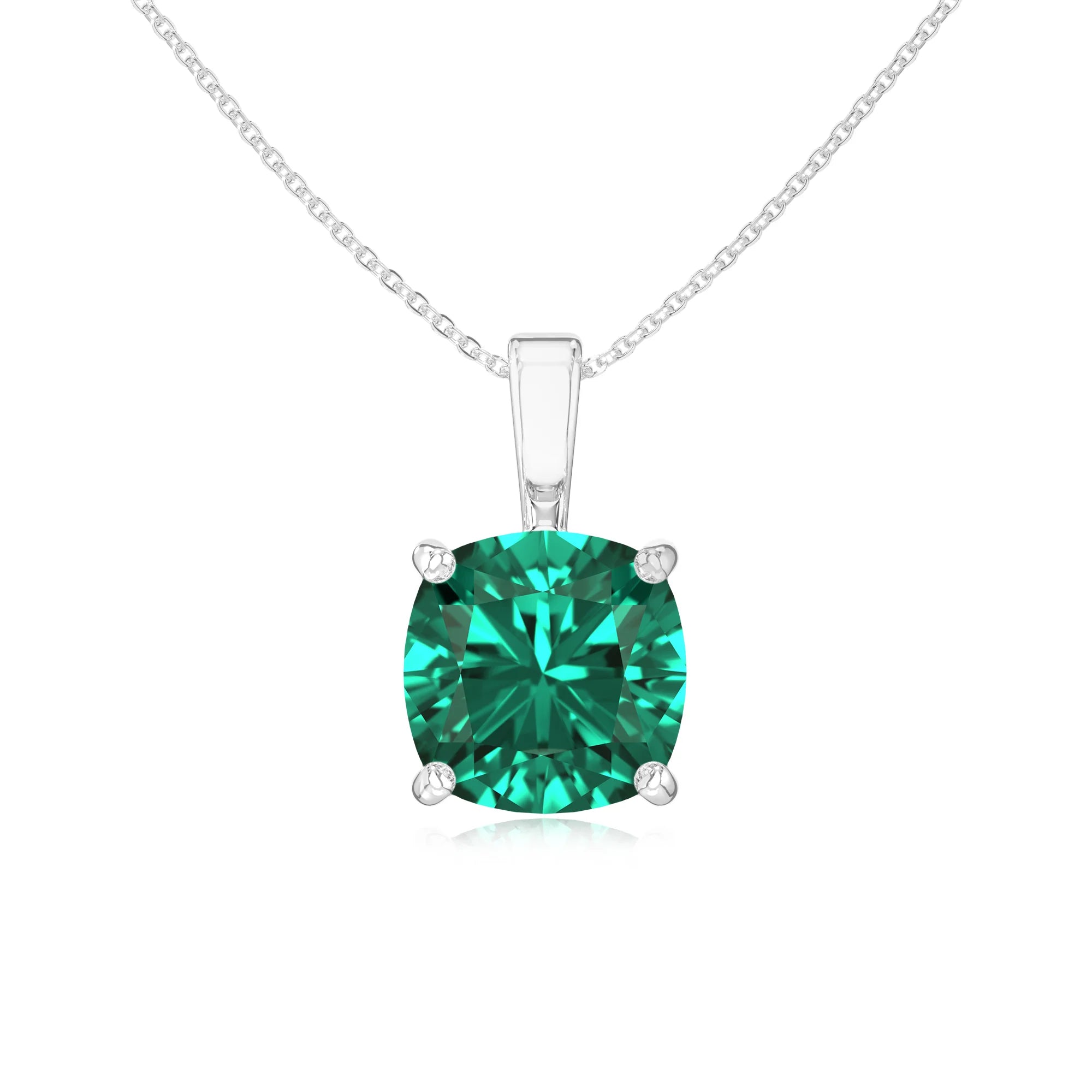 lab grown emerald cushion solitaire necklaces in platinum