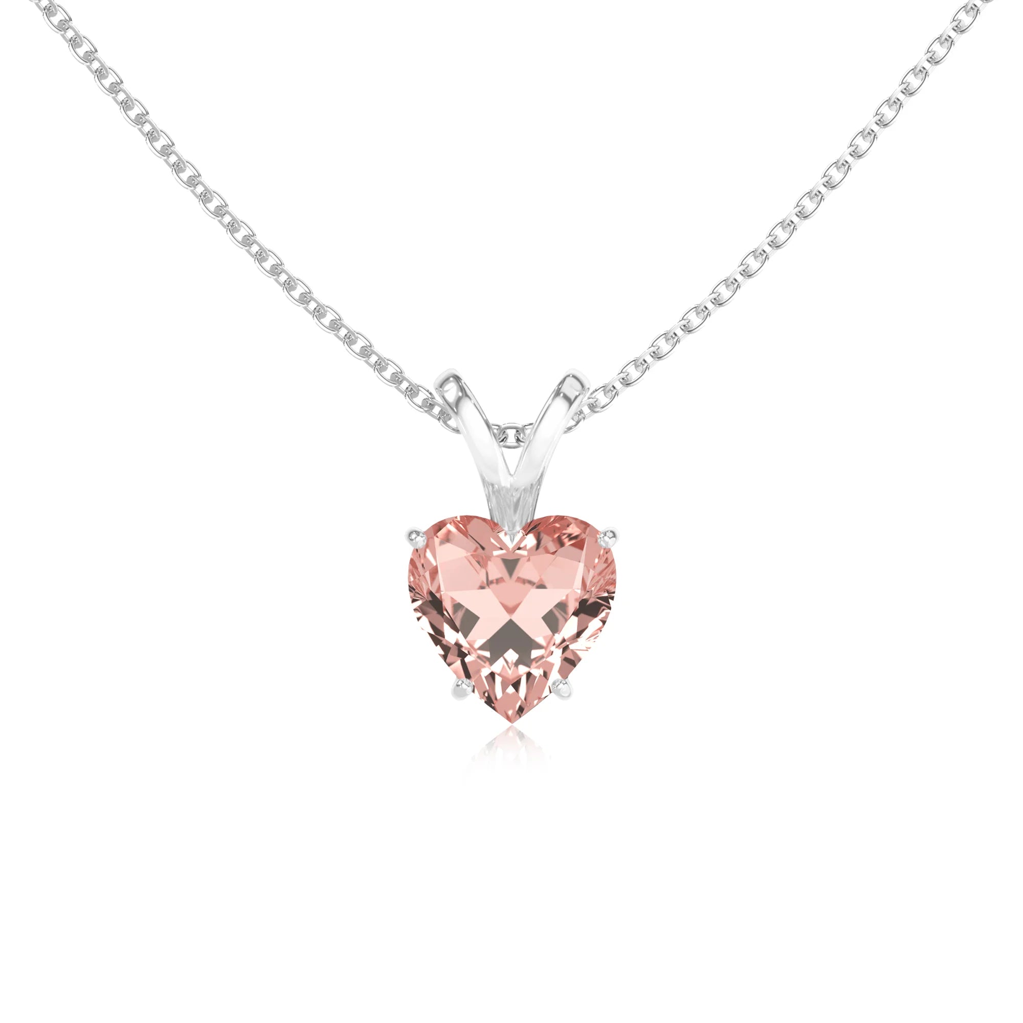 lab grown morganite heart solitaire v-bale necklaces in sterling silver