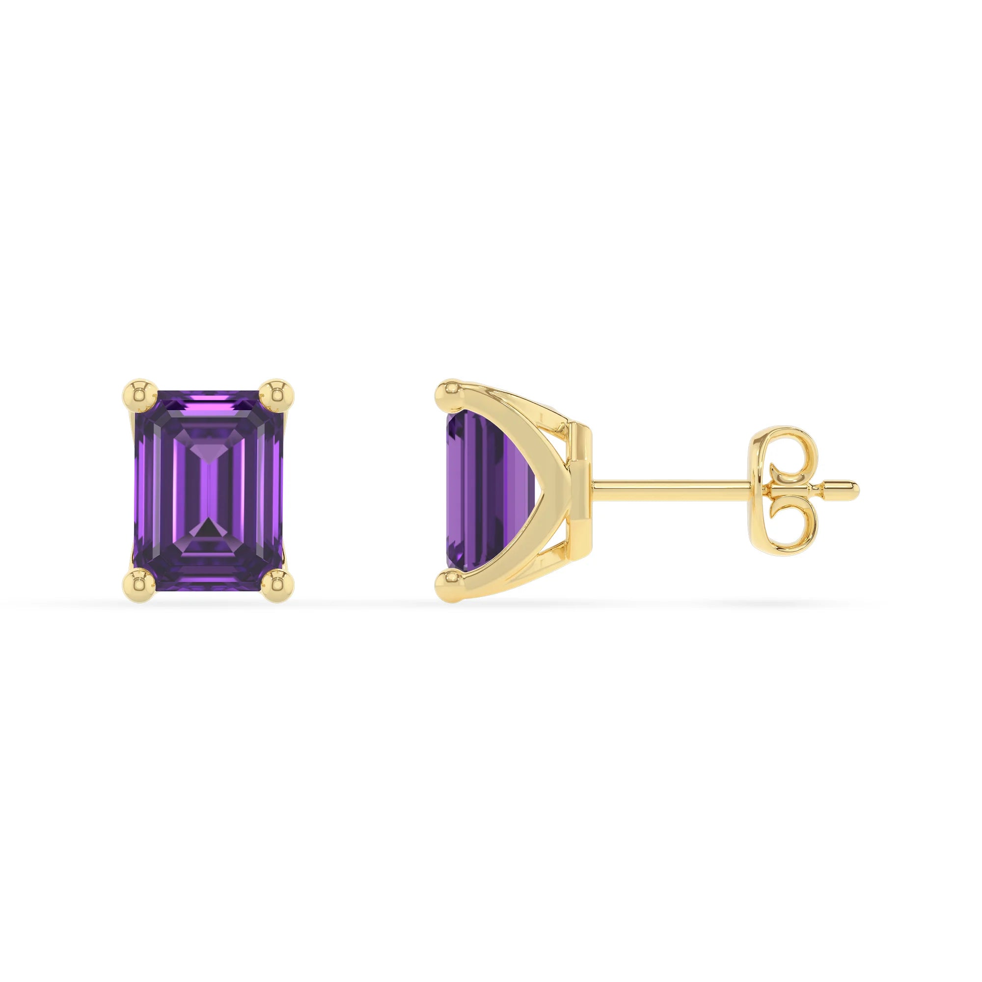 lab grown amethyst emerald cut stud earrings in yellow gold