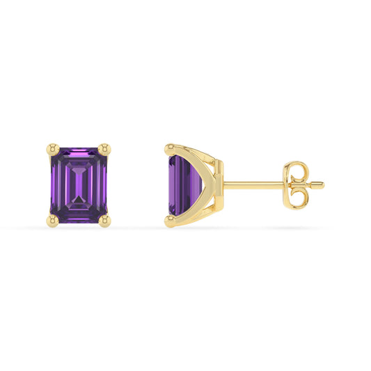 lab grown amethyst emerald cut stud earrings in yellow gold