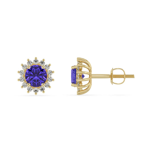 lab grown tanzanite round stud earrings in yellow gold