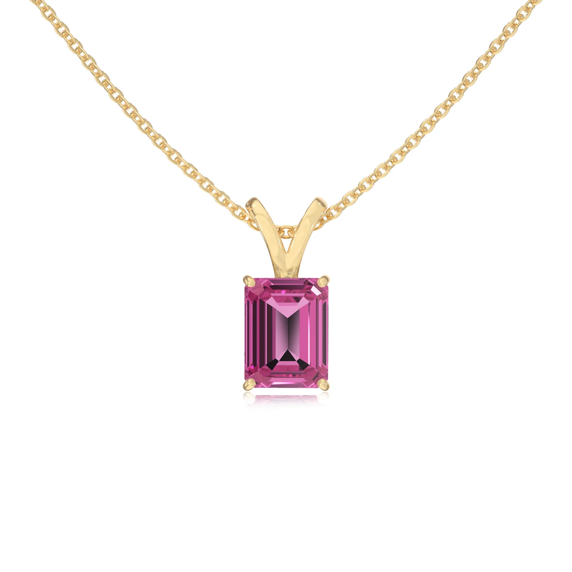 lab grown pink-sapphire emerald cut solitaire v-bale necklaces in yellow gold