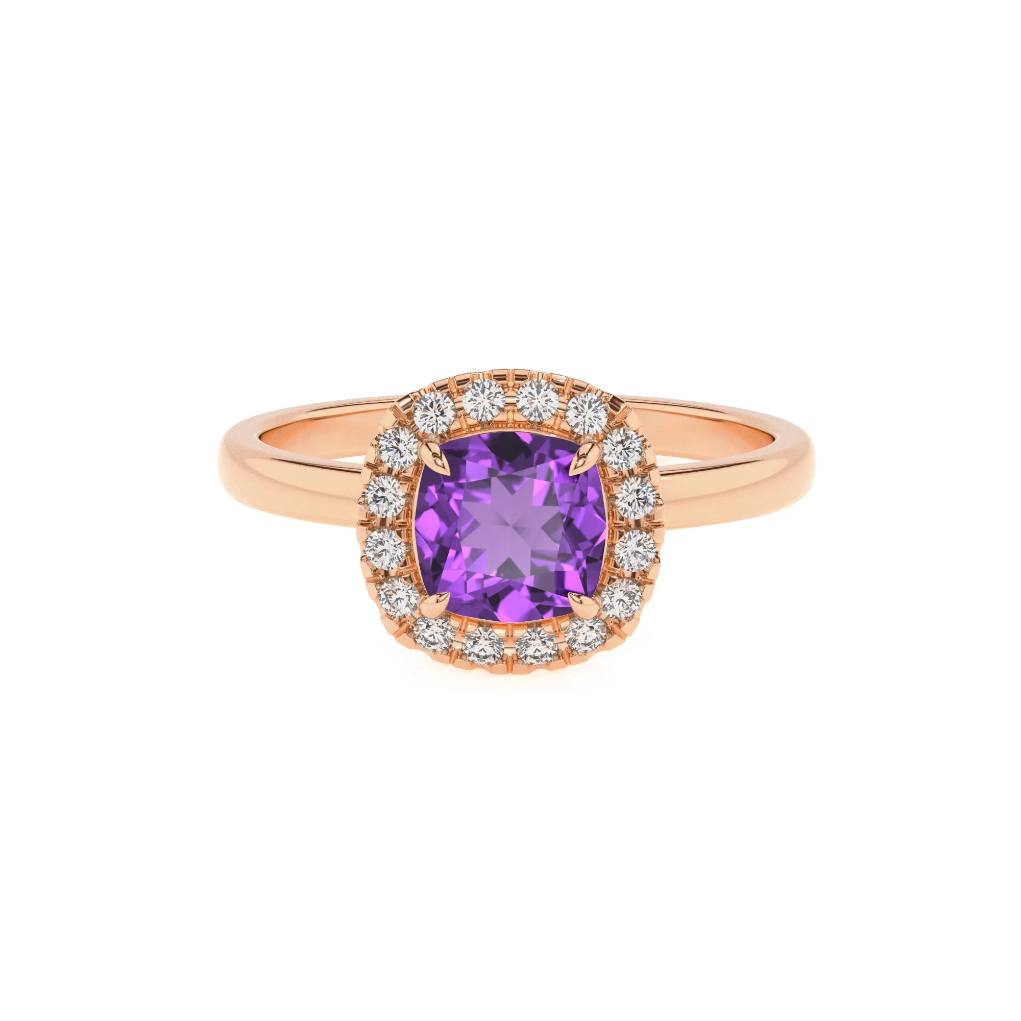 lab grown amethyst cushion solitaire rings in rose gold