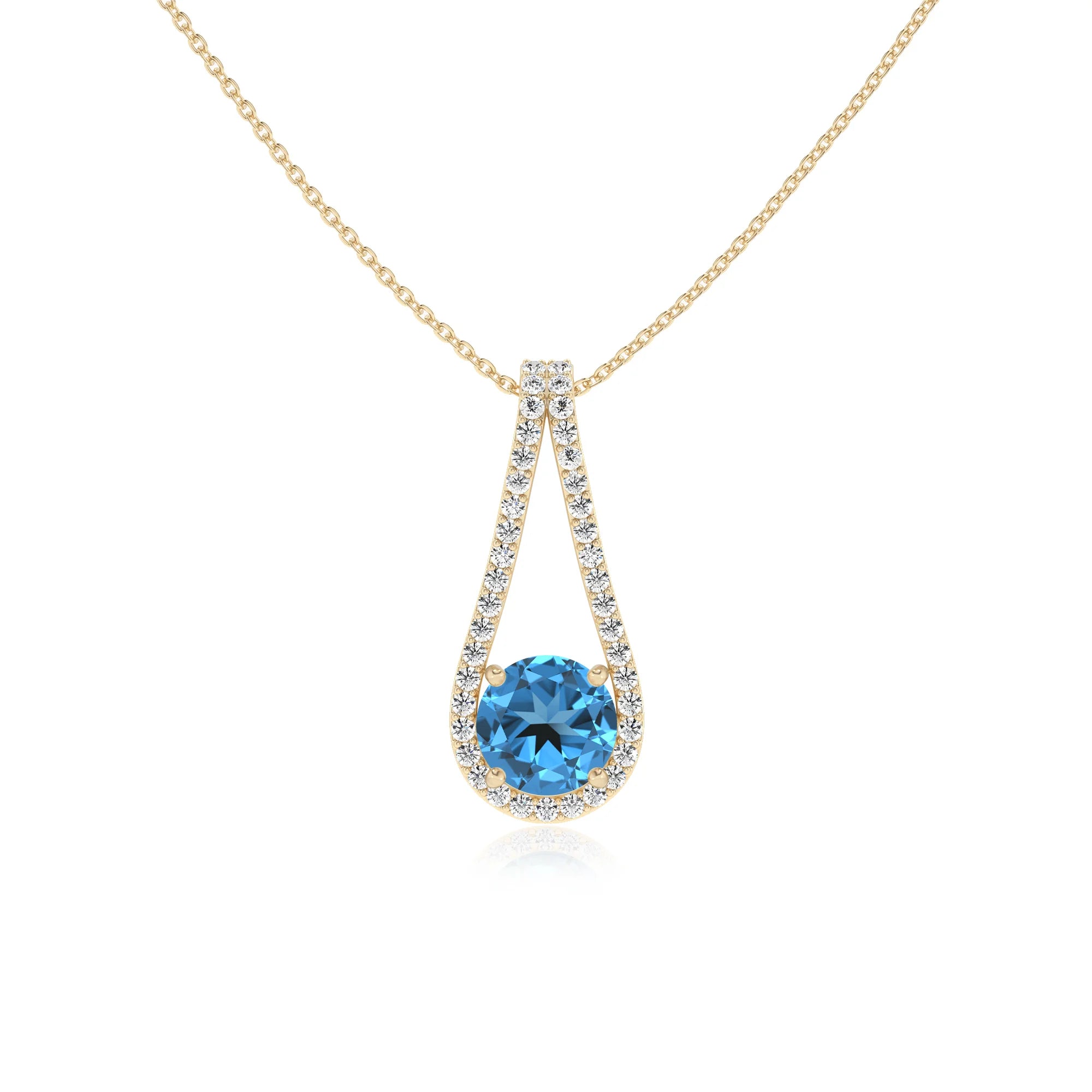 natural swiss-blue-topaz round solitaire v-bale necklaces in yellow gold