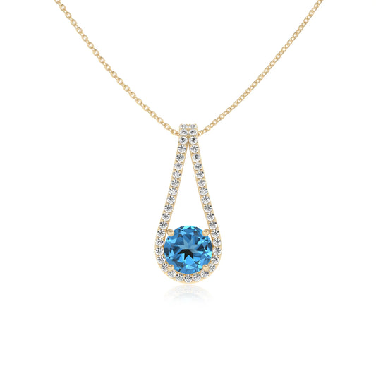 natural swiss-blue-topaz round solitaire v-bale necklaces in yellow gold