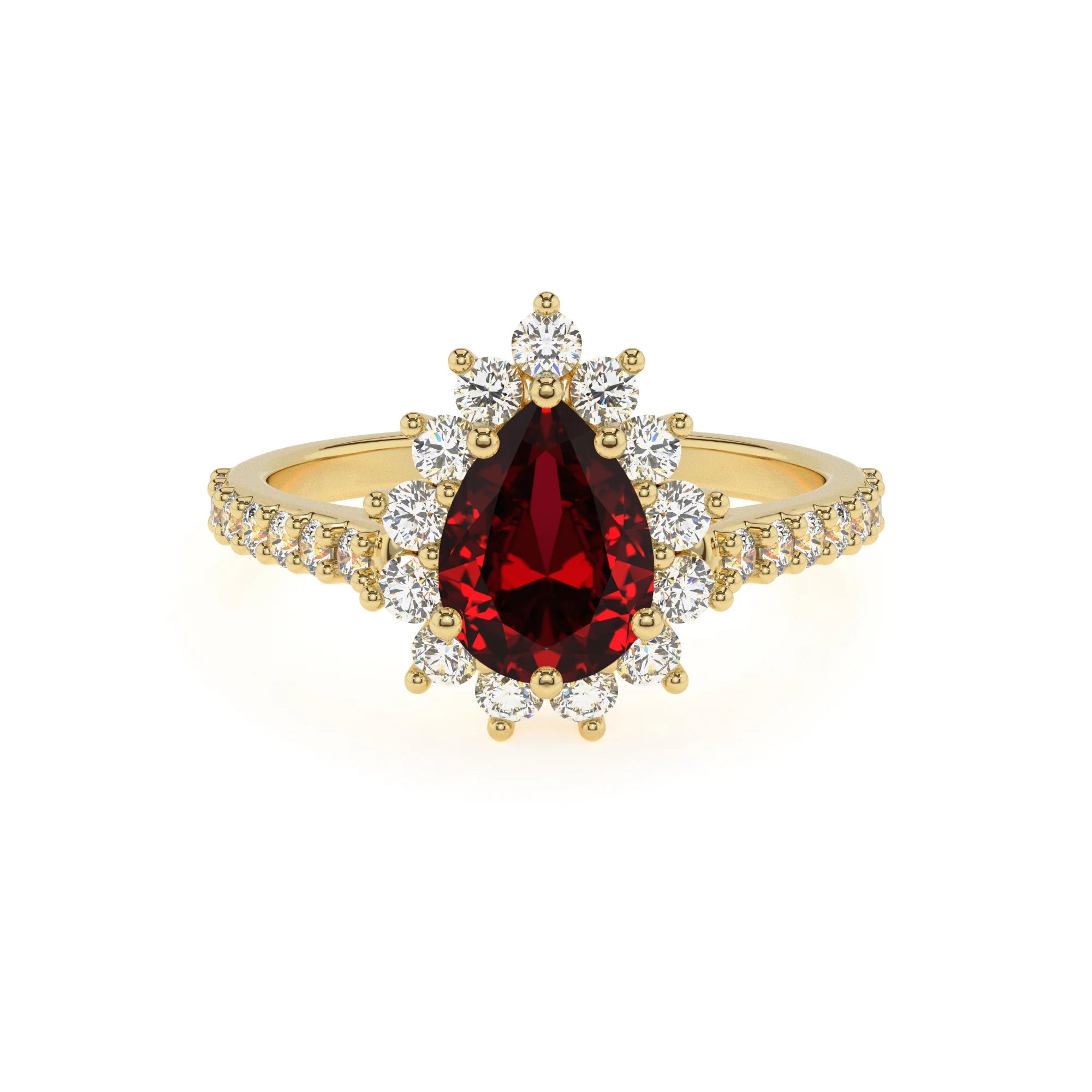 lab grown ruby pear solitaire rings in yellow gold