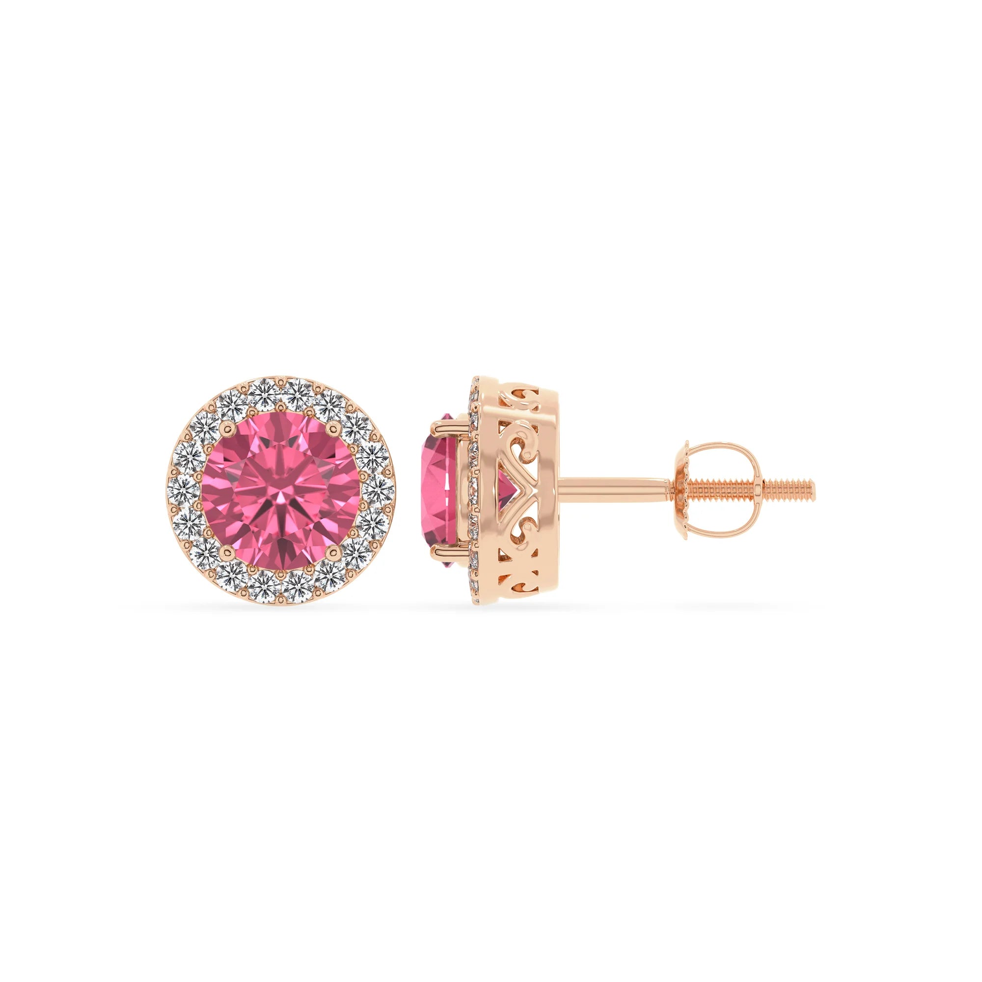 lab grown pink tourmaline round stud earrings in rose gold