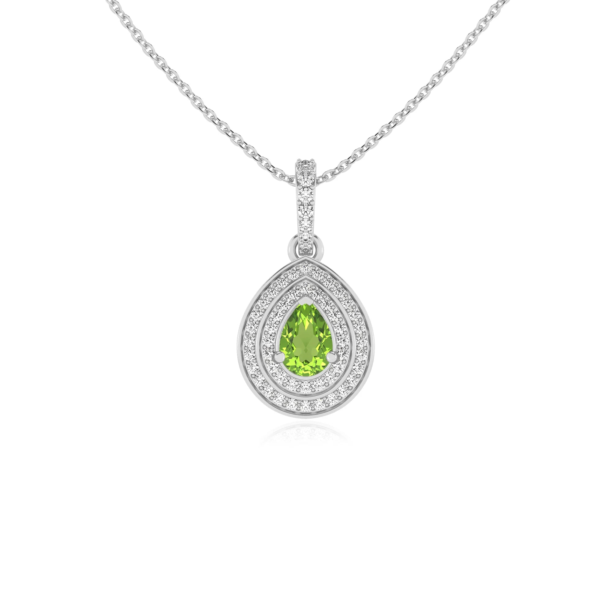 natural peridot pear halo necklaces in white gold