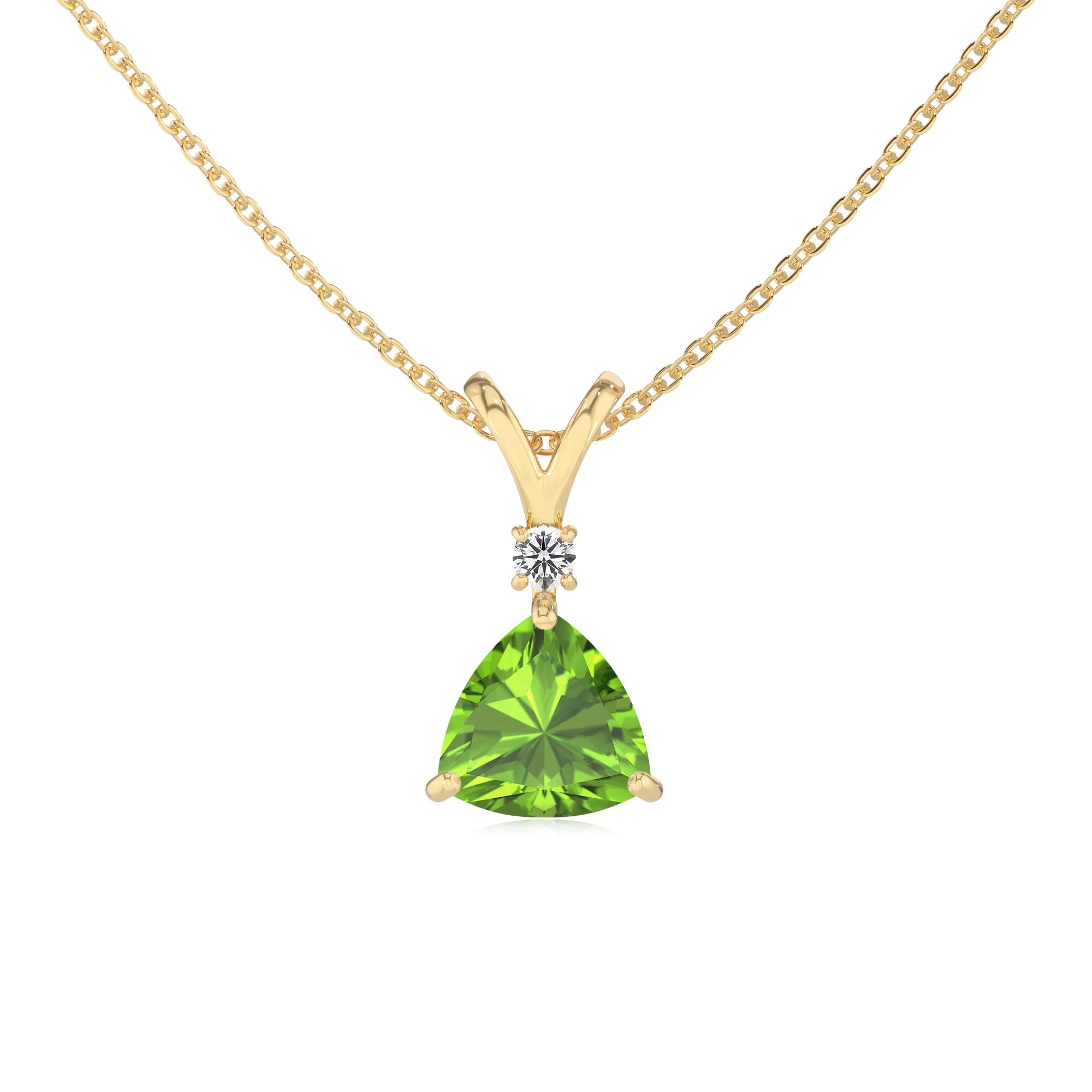natural peridot trillion solitaire v-bale necklaces in yellow gold