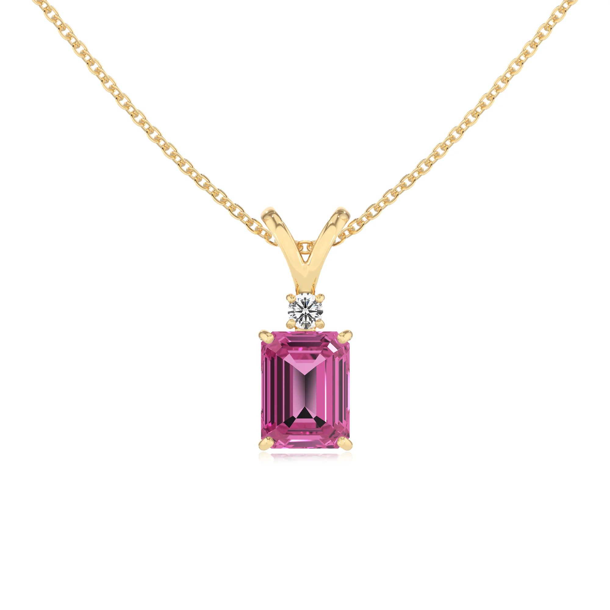 lab grown pink-sapphire emerald cut solitaire v-bale necklaces in yellow gold