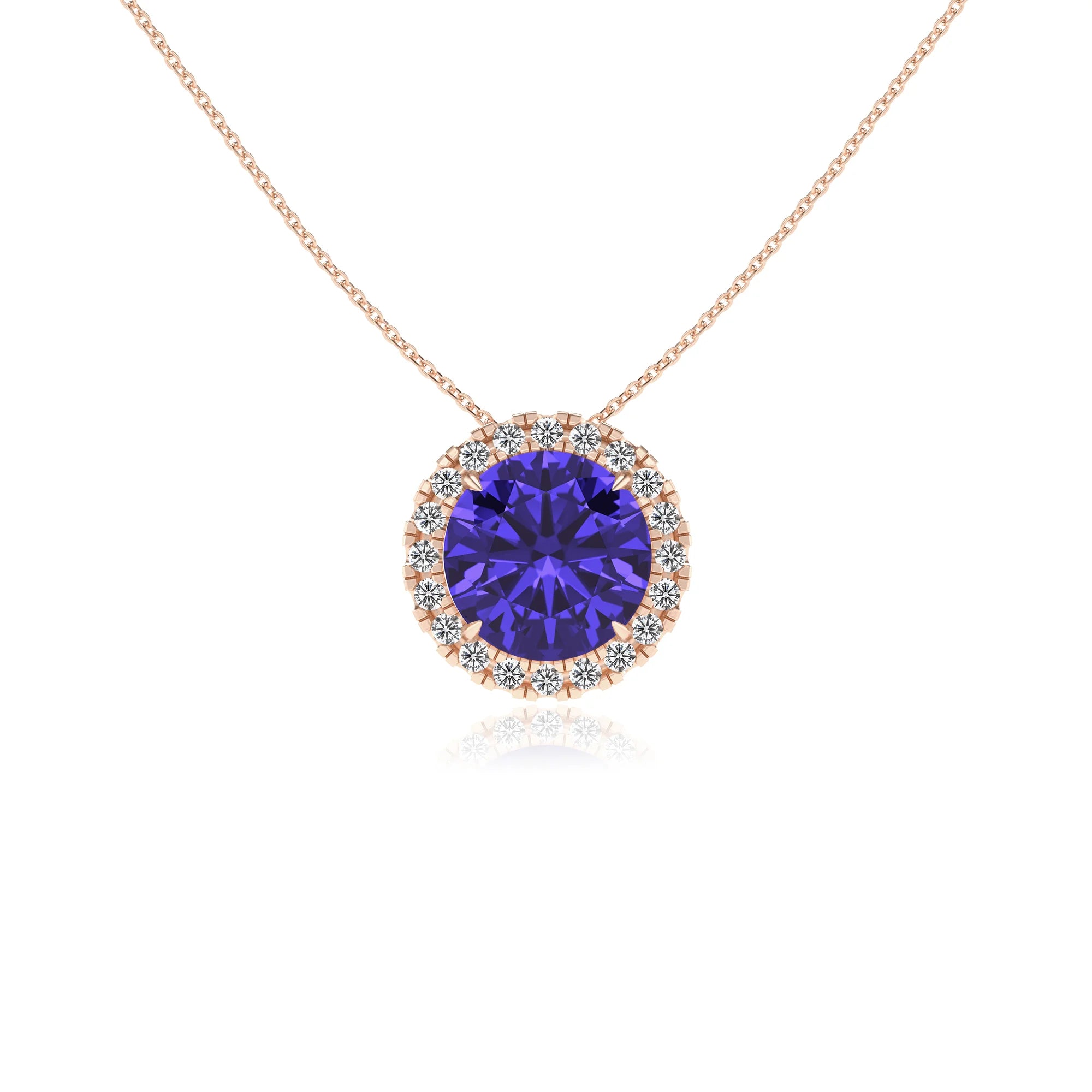 lab grown tanzanite round solitaire necklaces in rose gold