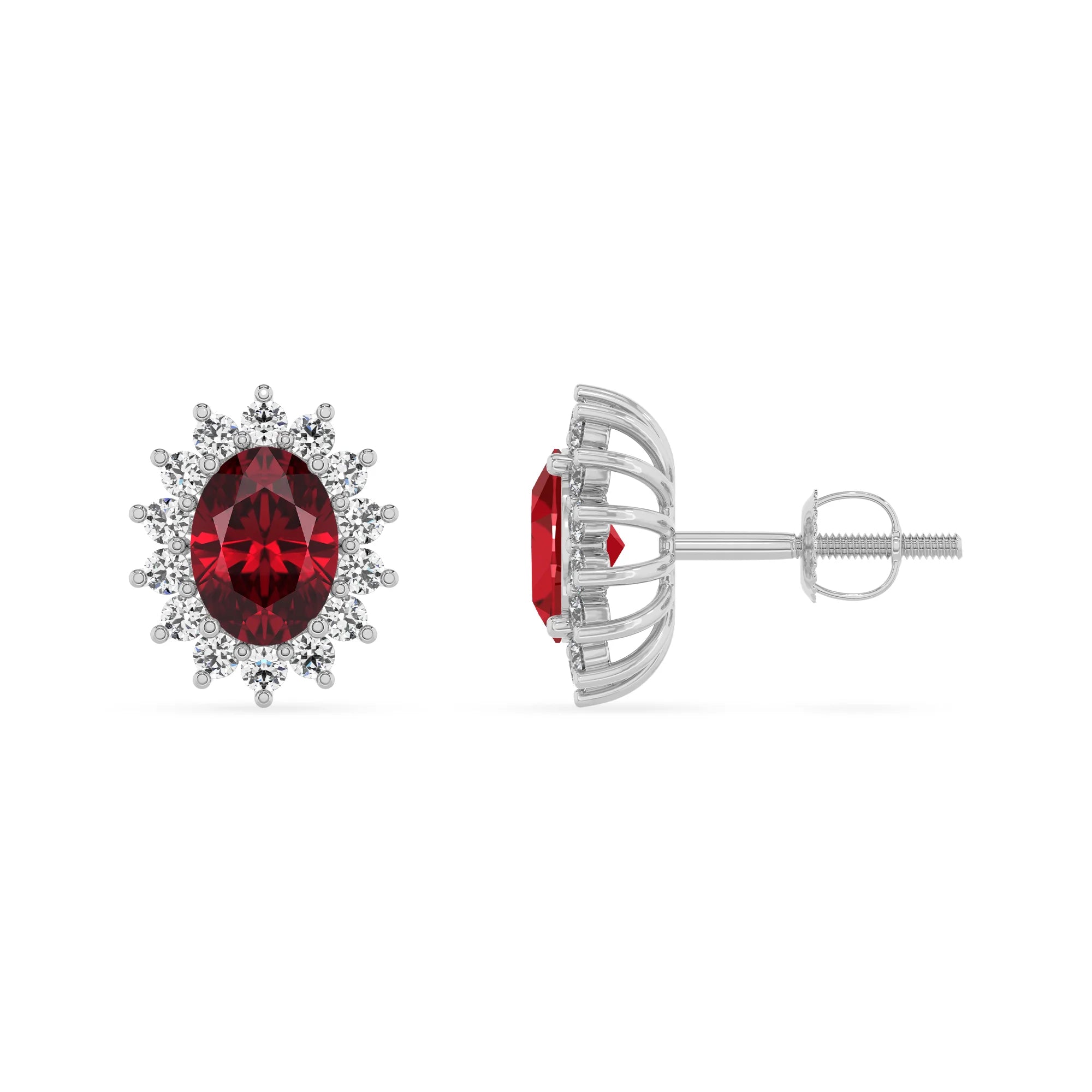 lab grown ruby oval stud earrings in platinum