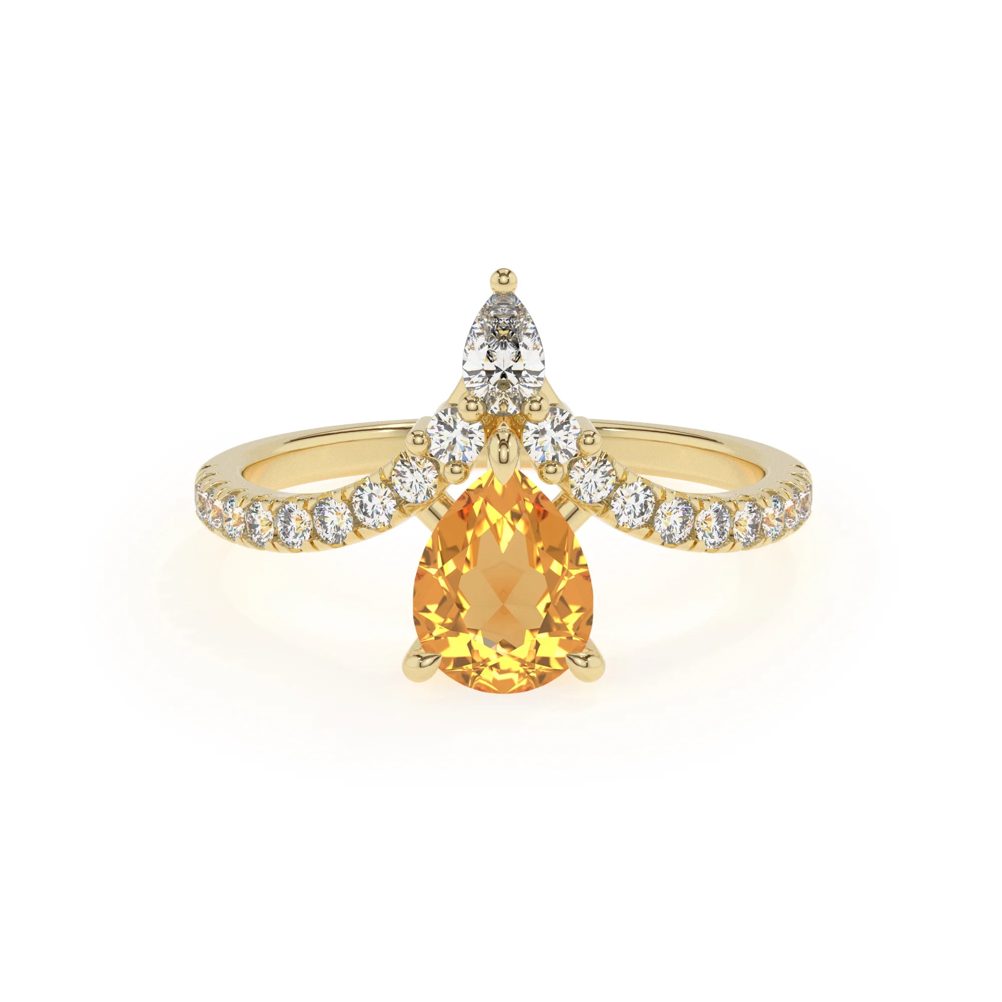 lab grown citrine pear solitaire rings in yellow gold