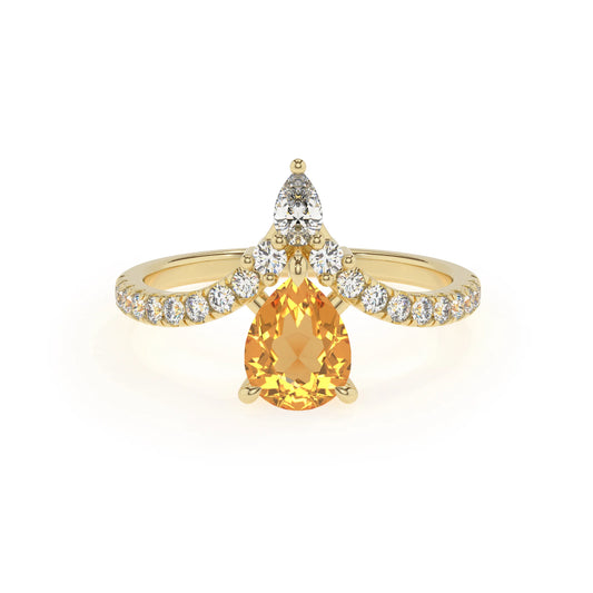 lab grown citrine pear solitaire rings in yellow gold