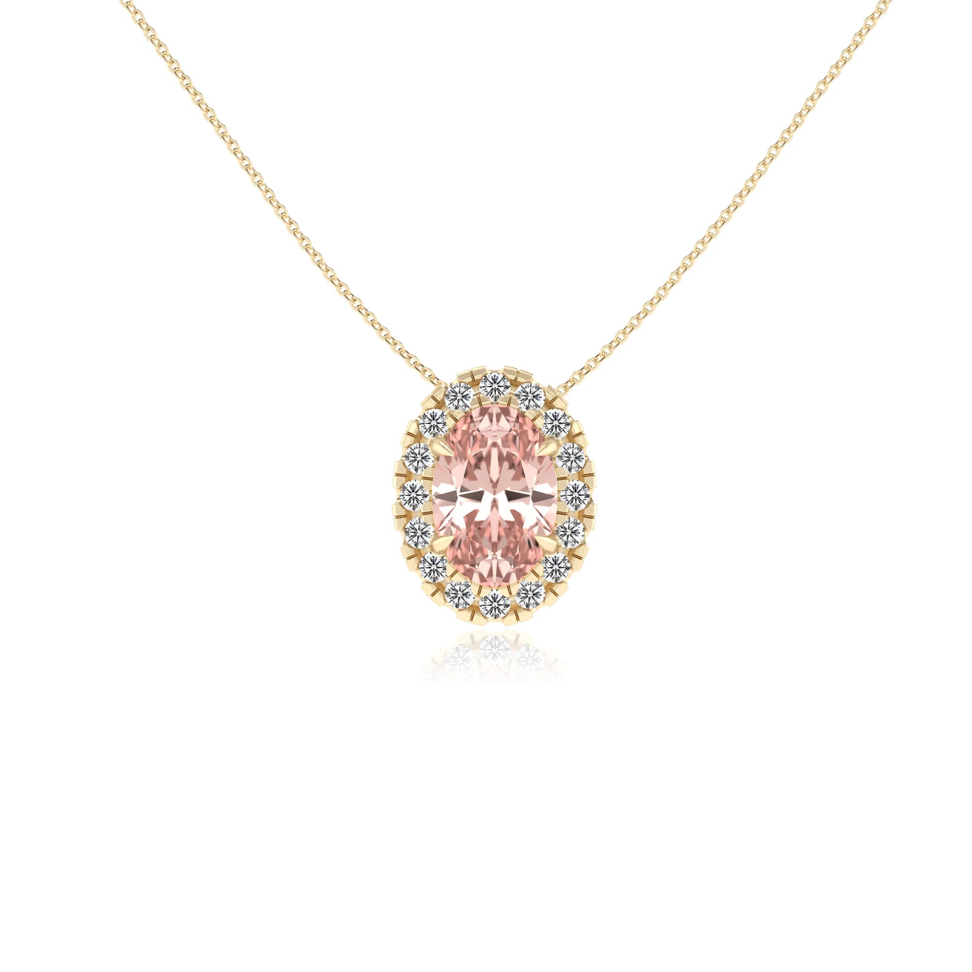 lab grown morganite oval solitaire necklaces in yellow gold