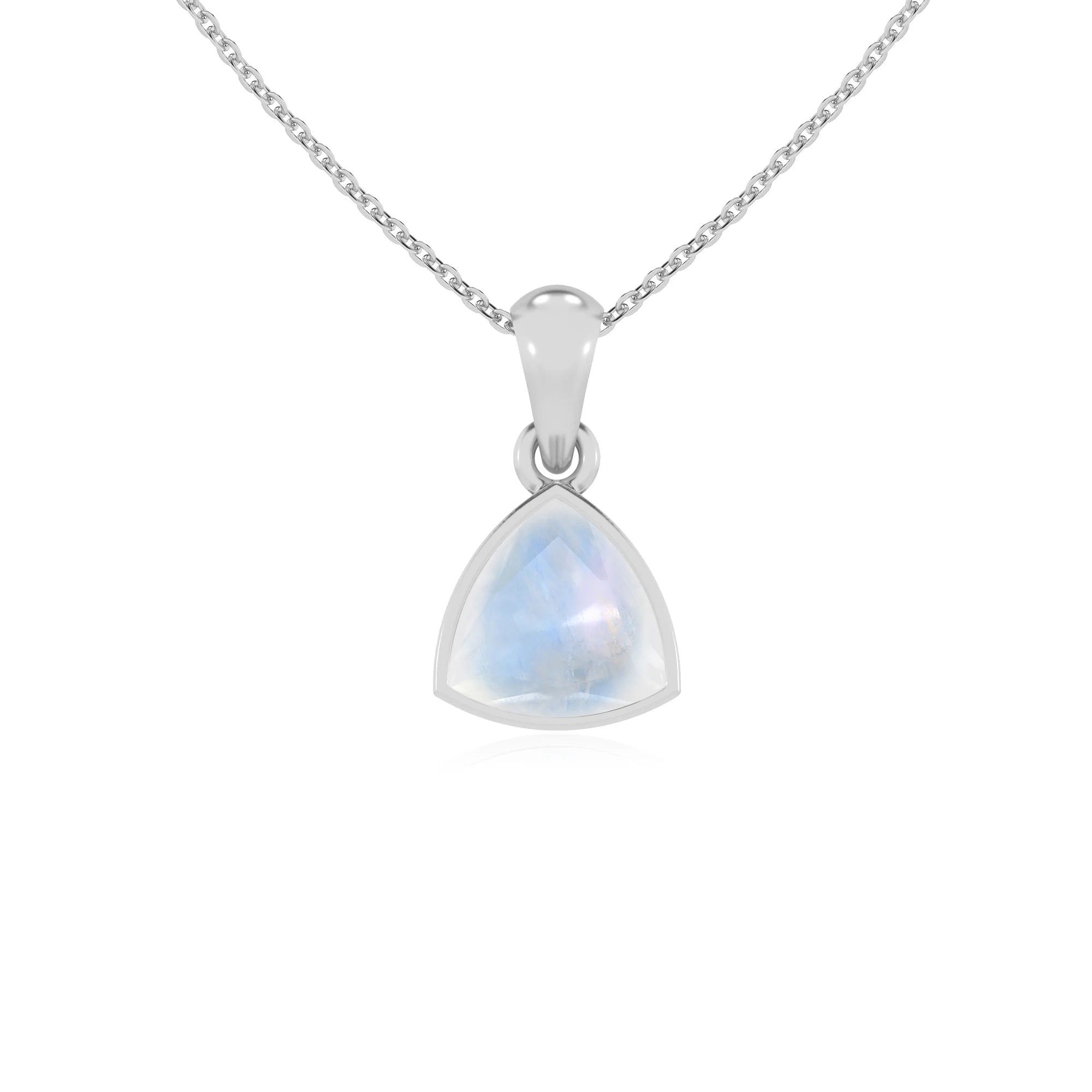 natural rainbow-moonstone trillion solitaire necklaces in white gold