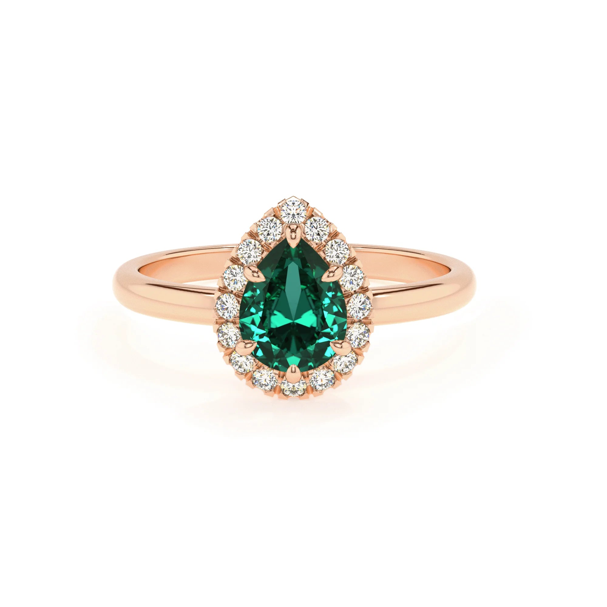 lab grown emerald pear solitaire rings in rose gold