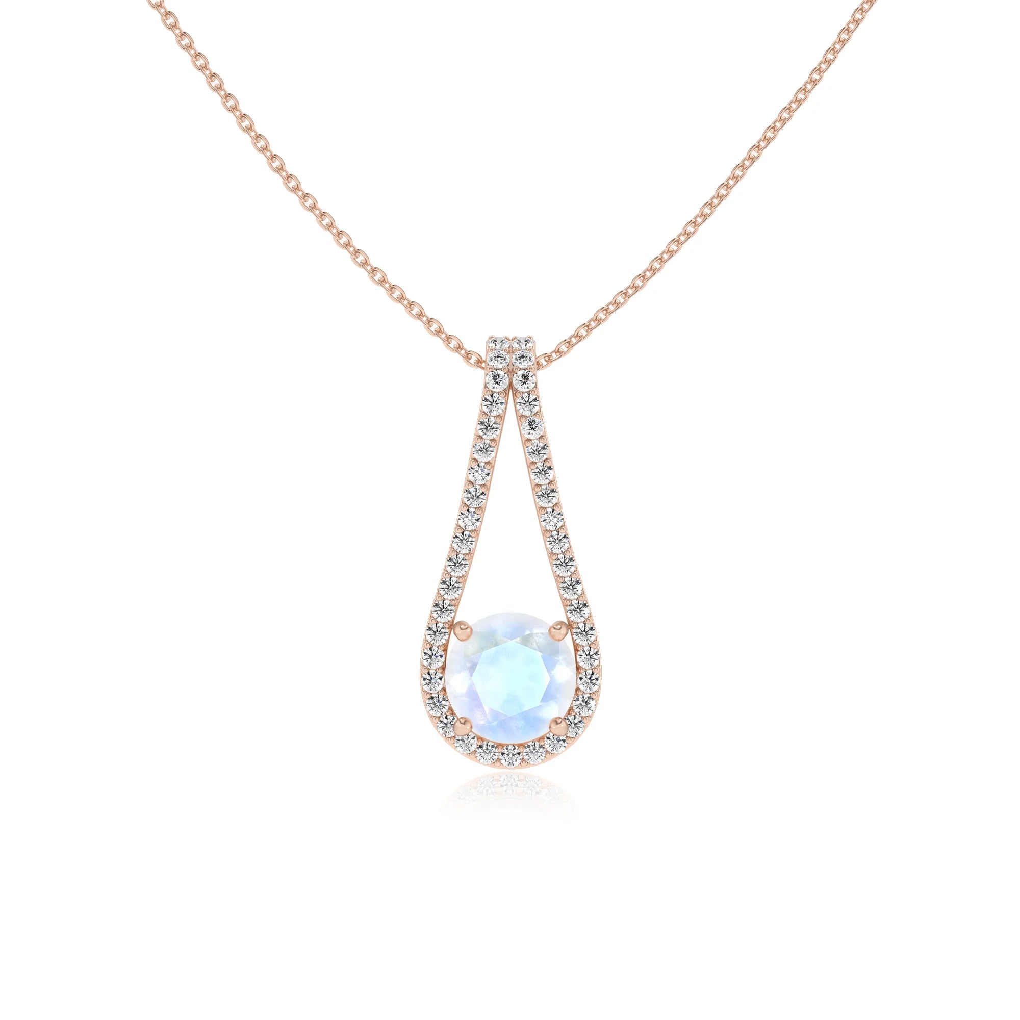 natural rainbow-moonstone round solitaire v-bale necklaces in rose gold