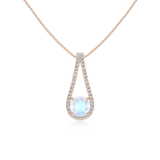 natural rainbow-moonstone round solitaire v-bale necklaces in rose gold
