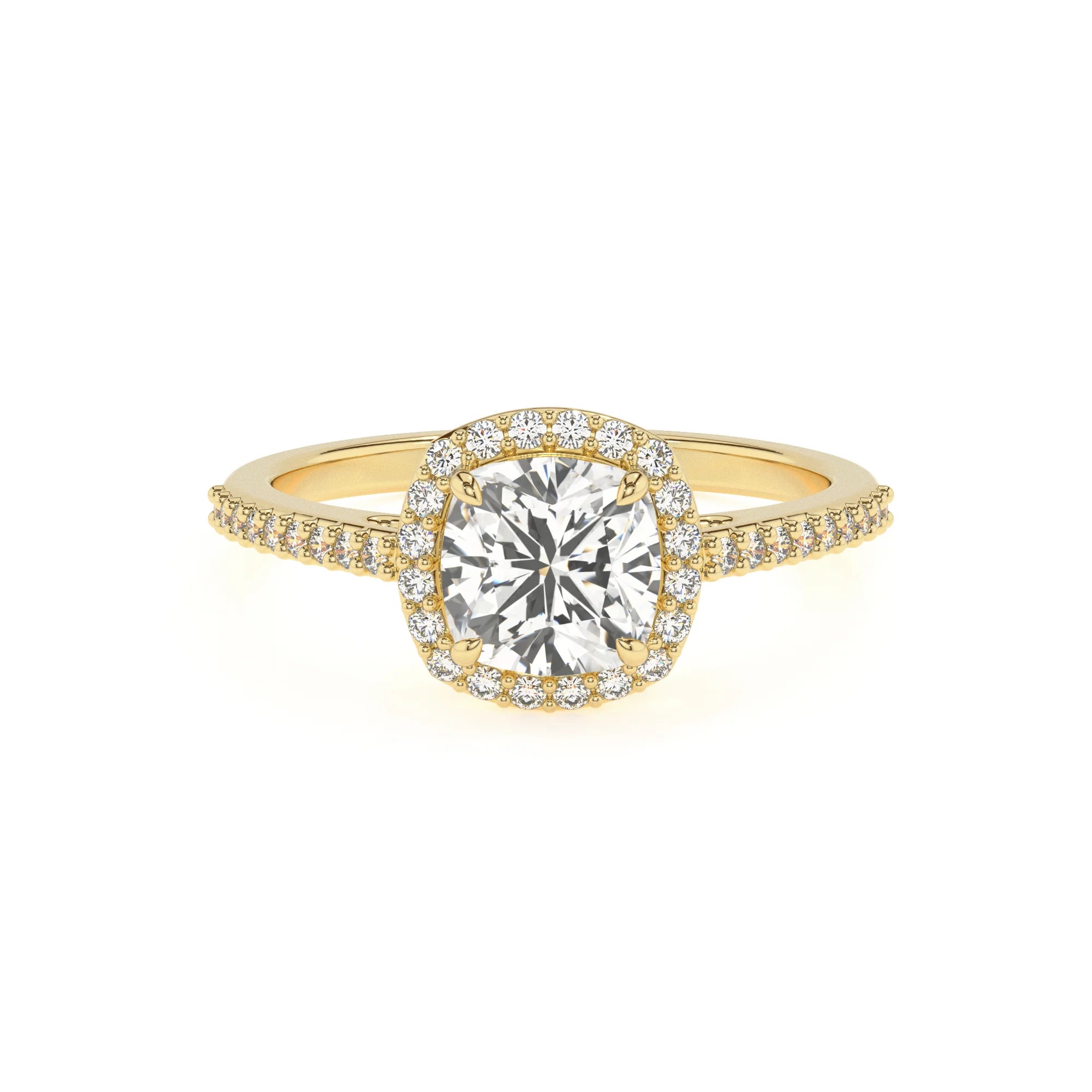 lab grown moissanite cushion solitaire rings in yellow gold
