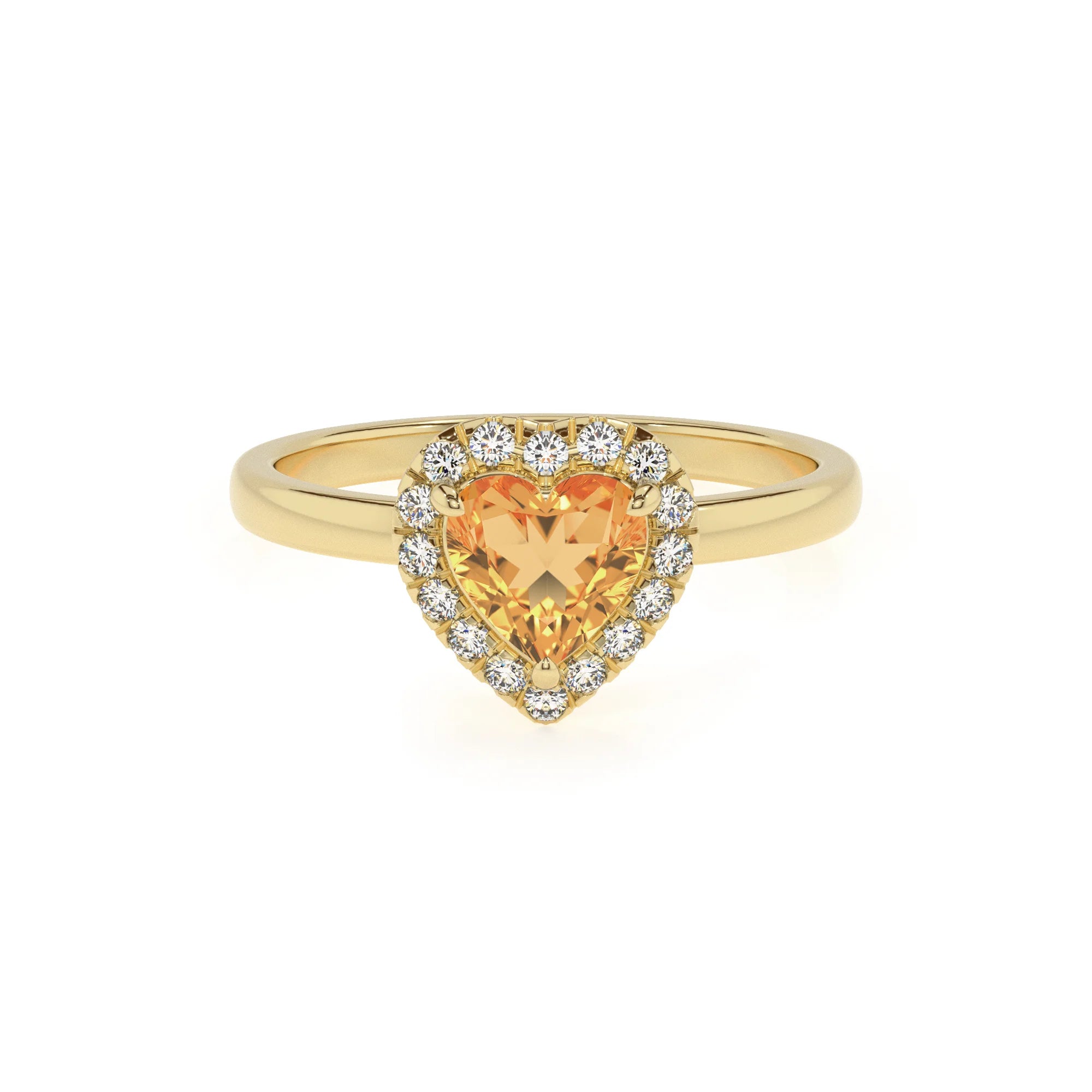 lab grown citrine heart solitaire rings in yellow gold