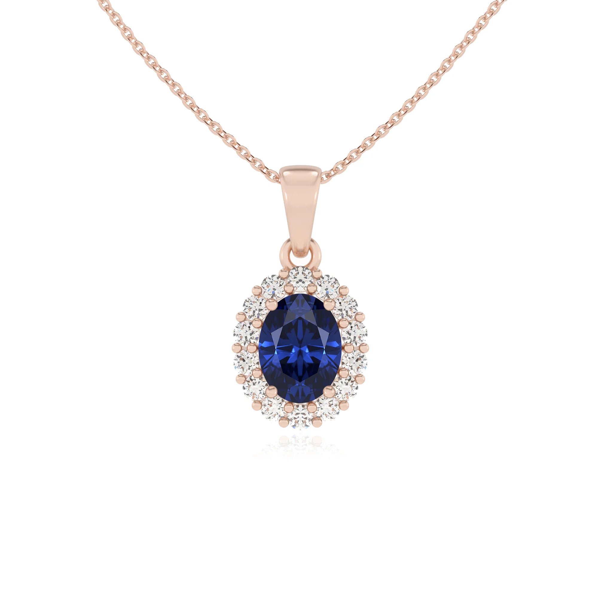 lab grown blue-sapphire oval solitaire necklaces in rose gold