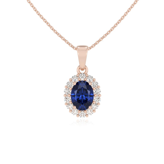 lab grown blue-sapphire oval solitaire necklaces in rose gold