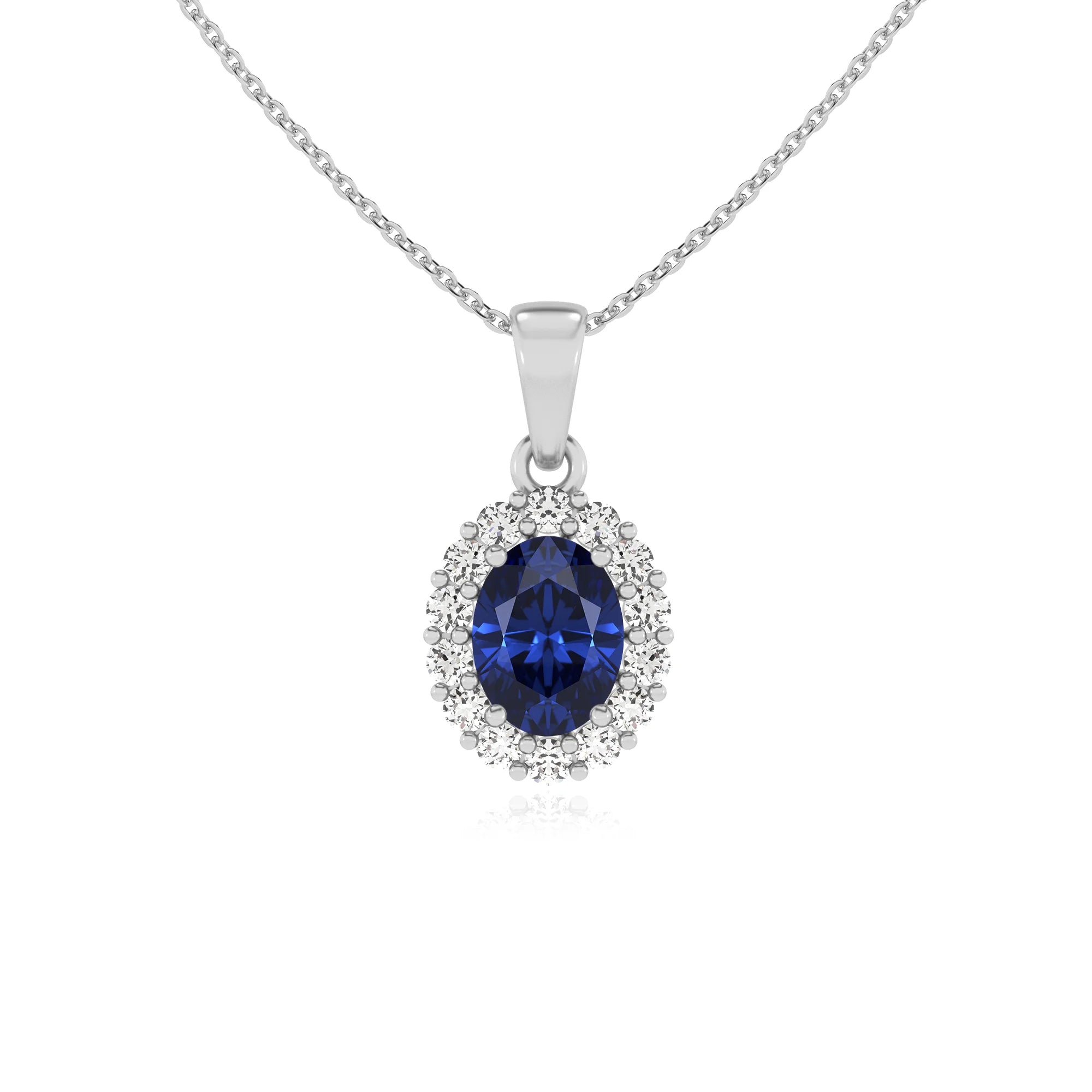 lab grown blue-sapphire oval solitaire necklaces in white gold