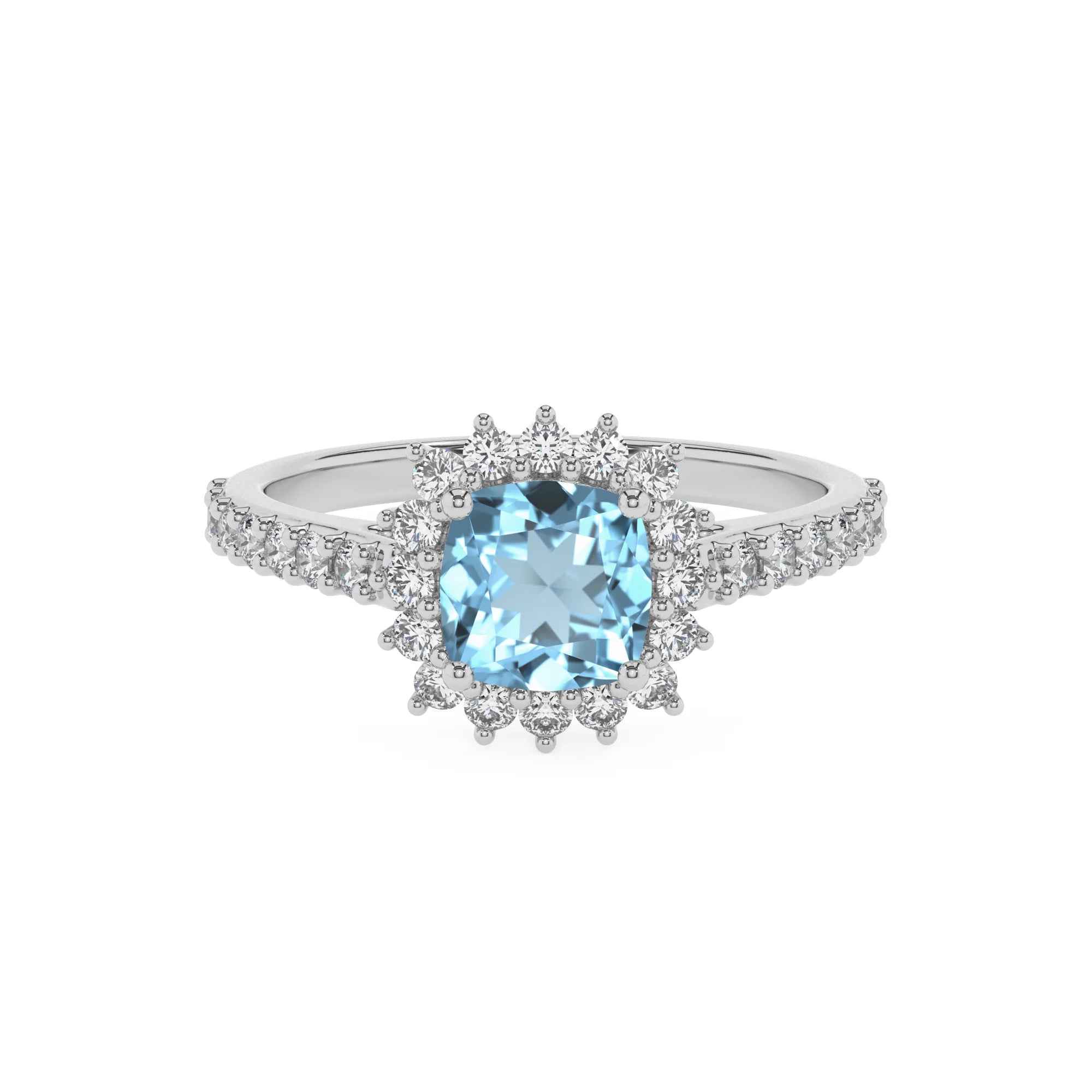 lab grown aquamarine cushion solitaire rings in white gold