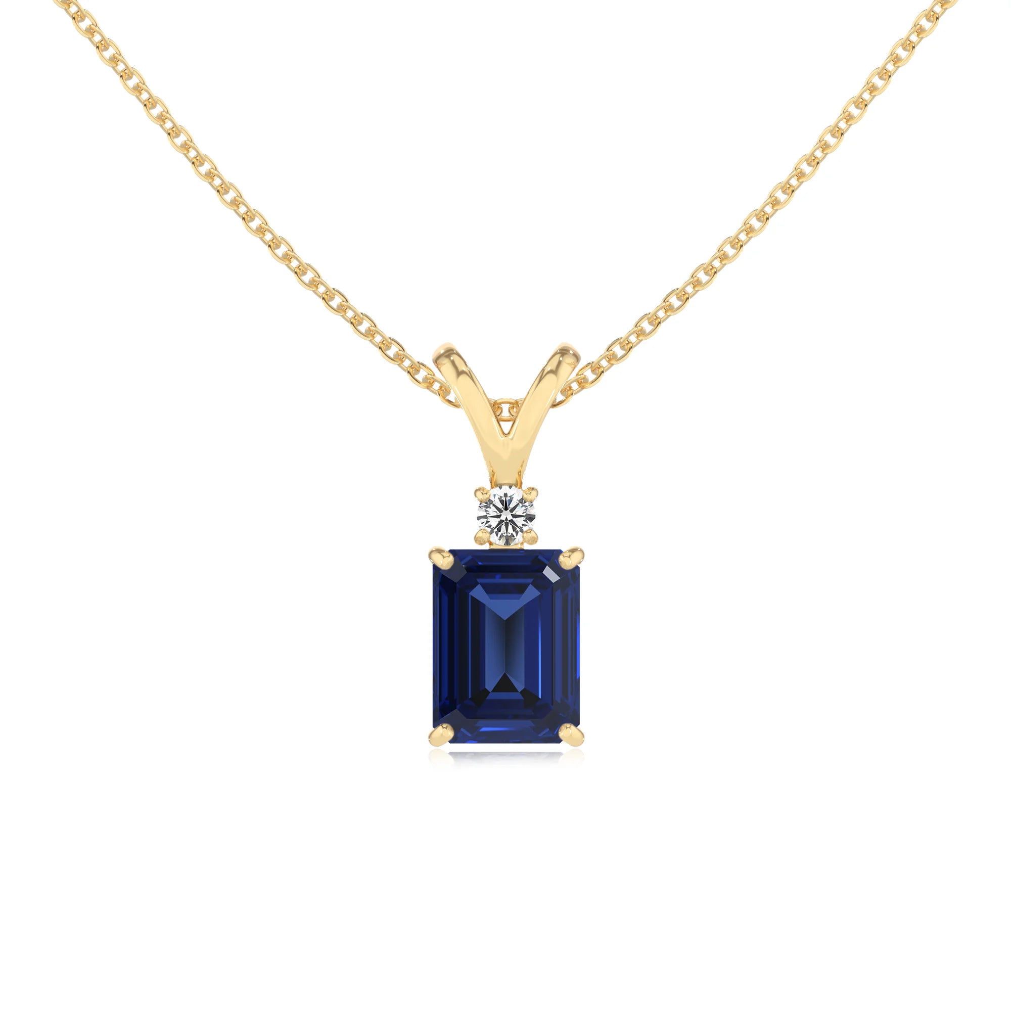 lab grown blue-sapphire emerald cut solitaire v-bale necklaces in yellow gold