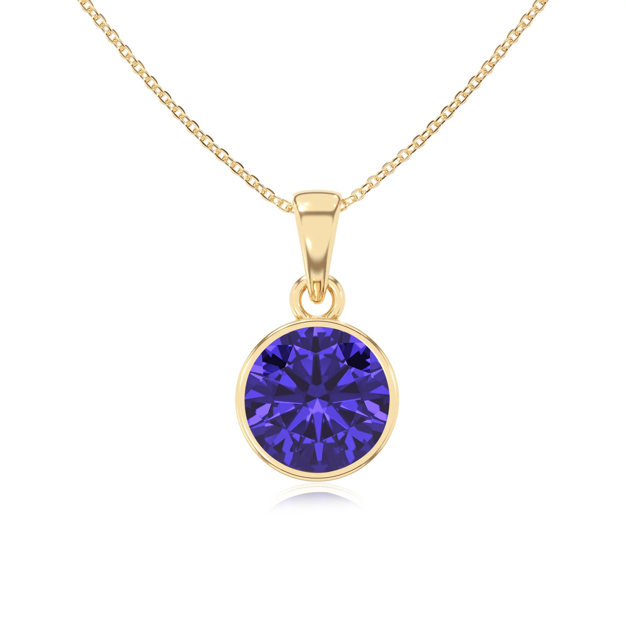 lab grown tanzanite round solitaire necklaces in yellow gold