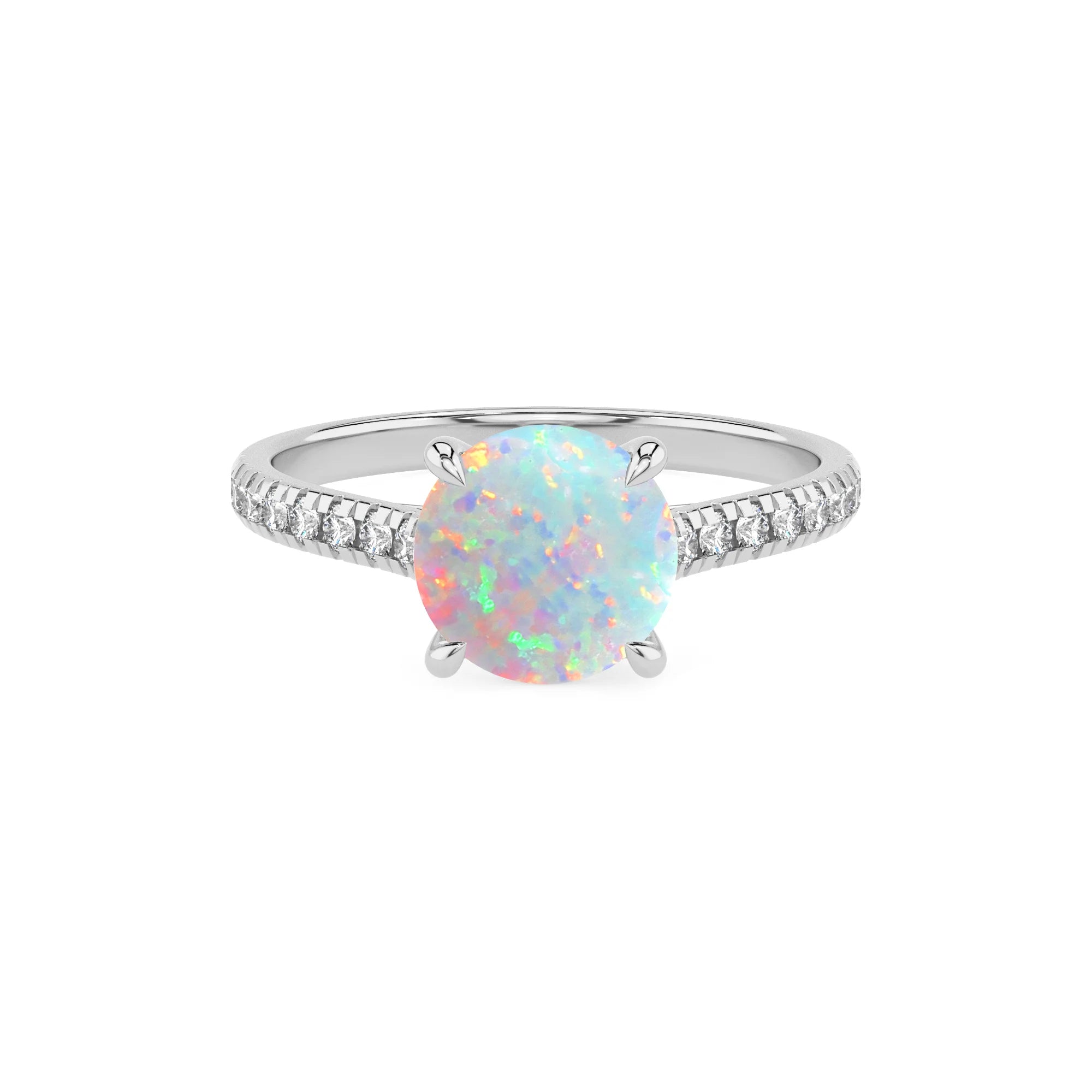 lab grown opal round half eternity solitaire engagement rings in white gold