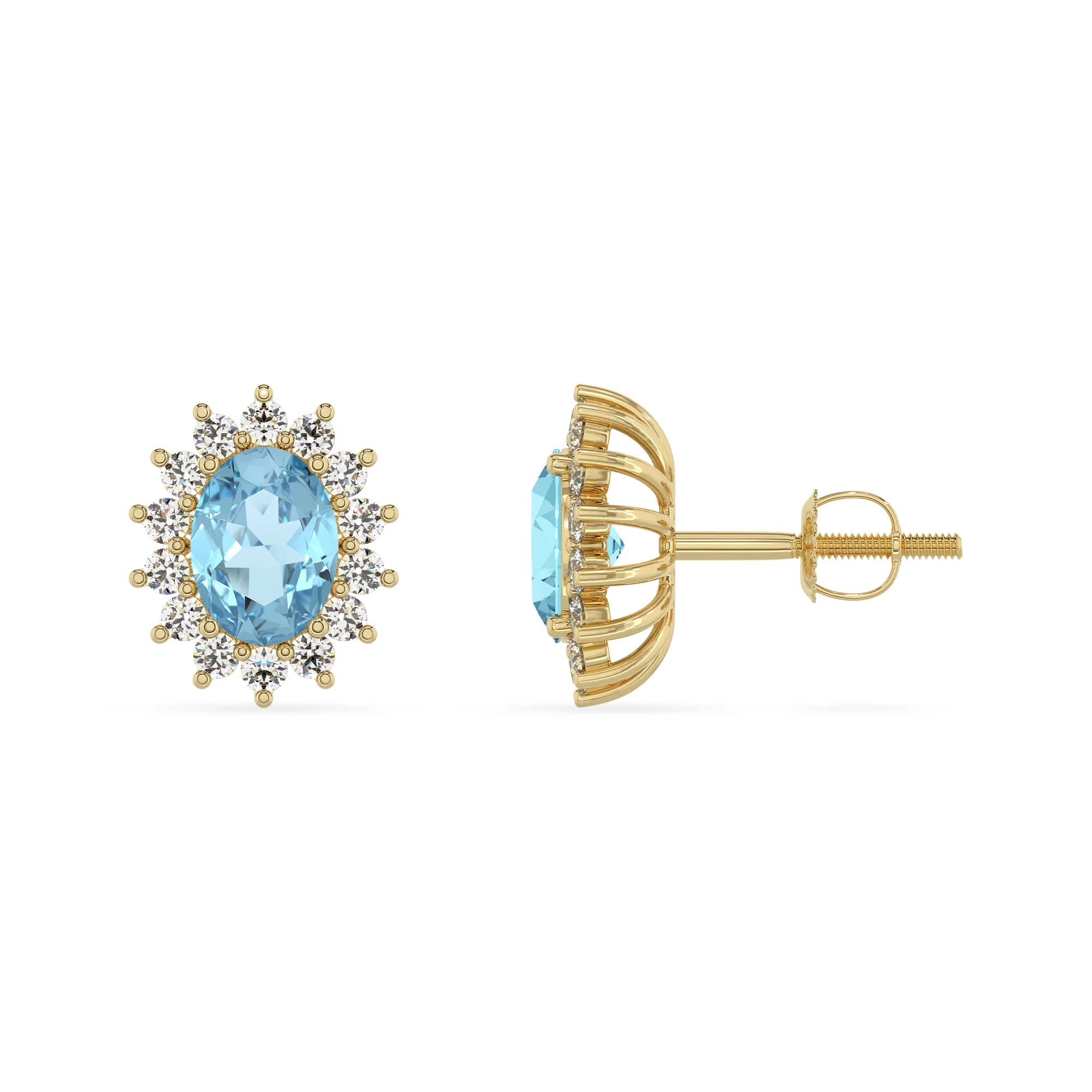 lab grown aquamarine oval stud earrings in yellow gold